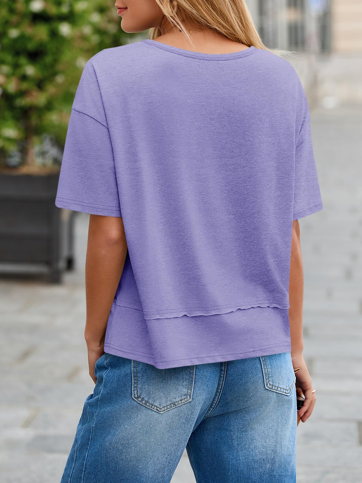 Imily Bela Womens Summer V Neck T Shirts Casual Short Sleeve Flowy Tops Cute Loose Fit Basic Tees