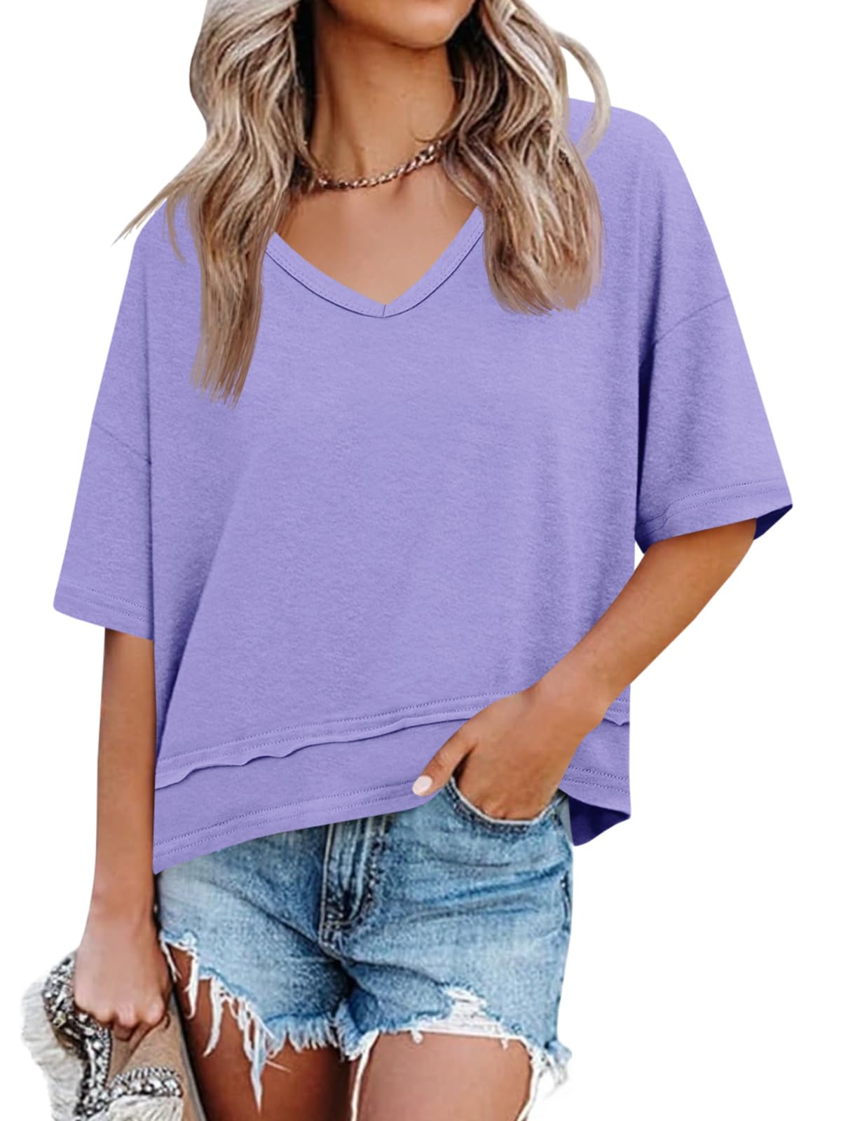 Imily Bela Womens Summer V Neck T Shirts Casual Short Sleeve Flowy Tops Cute Loose Fit Basic Tees