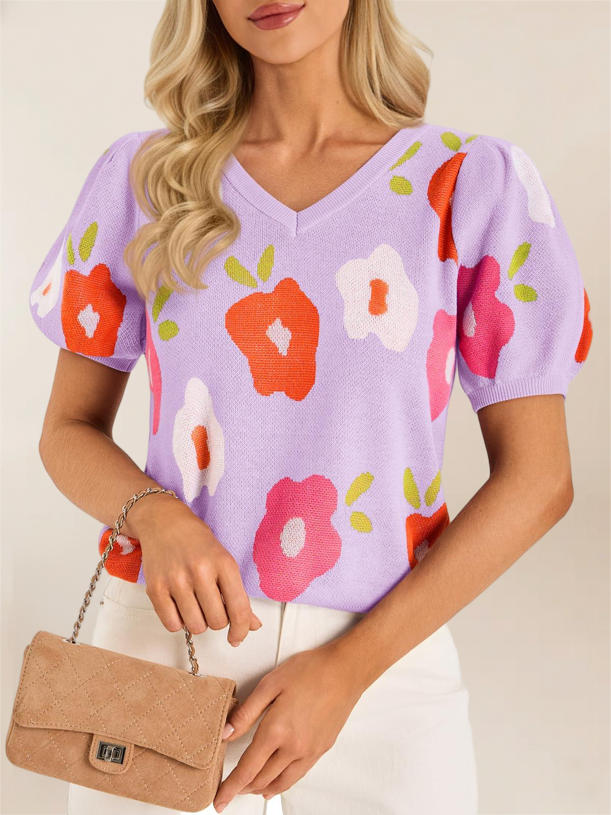 Imily Bela Womens Puff Short Sleeve Sweater Tops 2026 Spring Summer Floral Pullover V Neck Casual Knit T Shirts