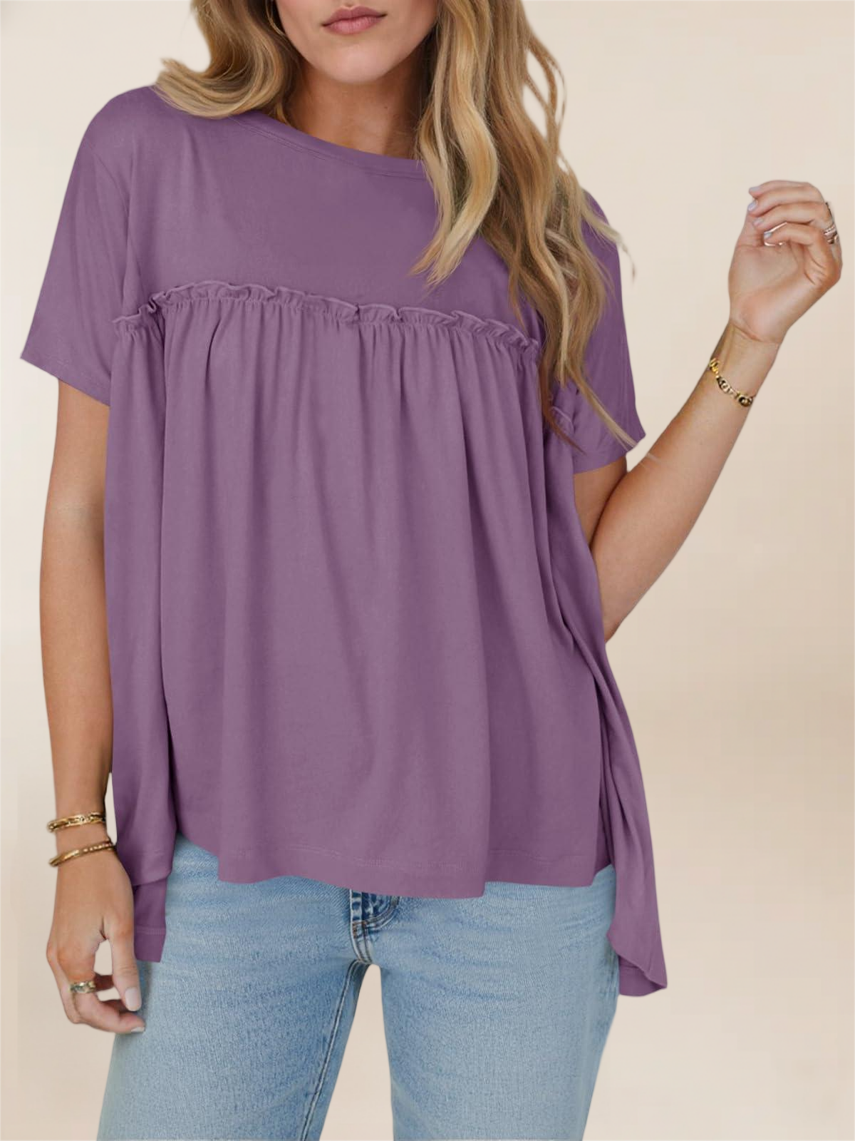 Imily Bela Women Summer Babydoll Tops Pleated Short Sleeve Crew Neck Peplum Blouse Casual Loose Fit T Shirts