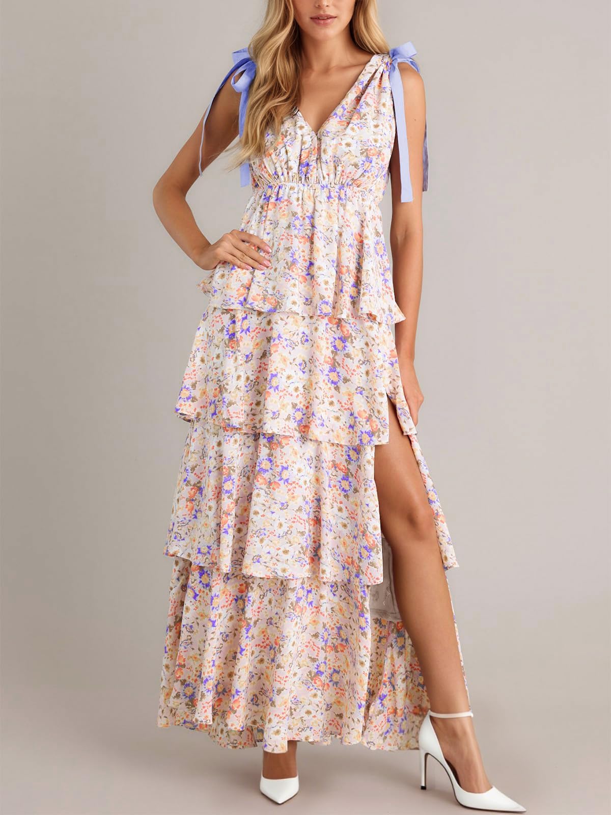 Imily Bela Womens Summer Floral Maxi Dress Tie Strap Sleeveless V Neck High Slit Boho Ruffle Tiered Beach Dresses