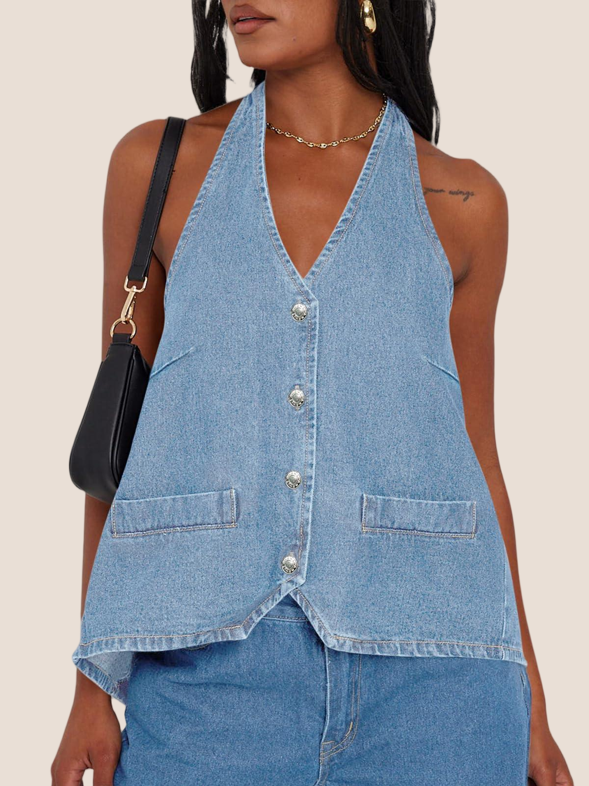 Imily Bela Womens Halter Denim Vest Tops Summer Open Back Y2K Going Out Tank Tops V Neck Button Down Jean Shirts