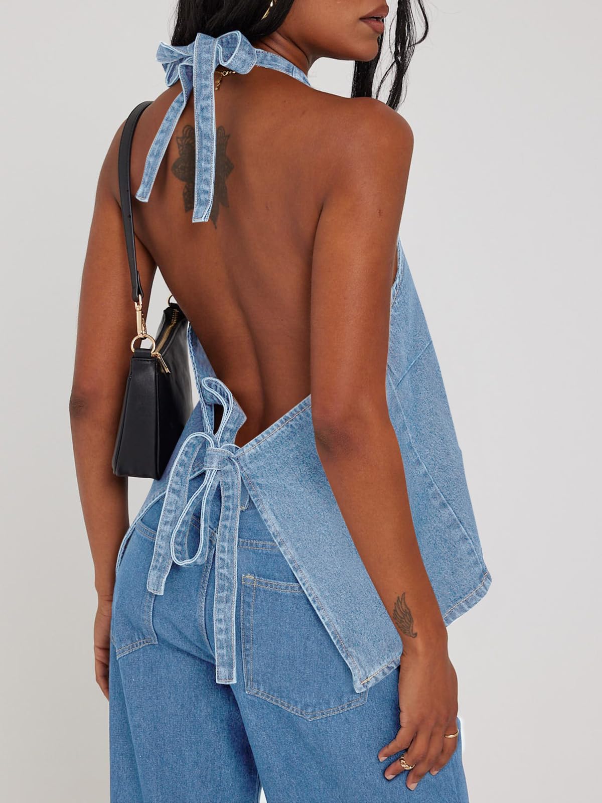 Imily Bela Womens Halter Denim Vest Tops Summer Open Back Y2K Going Out Tank Tops V Neck Button Down Jean Shirts