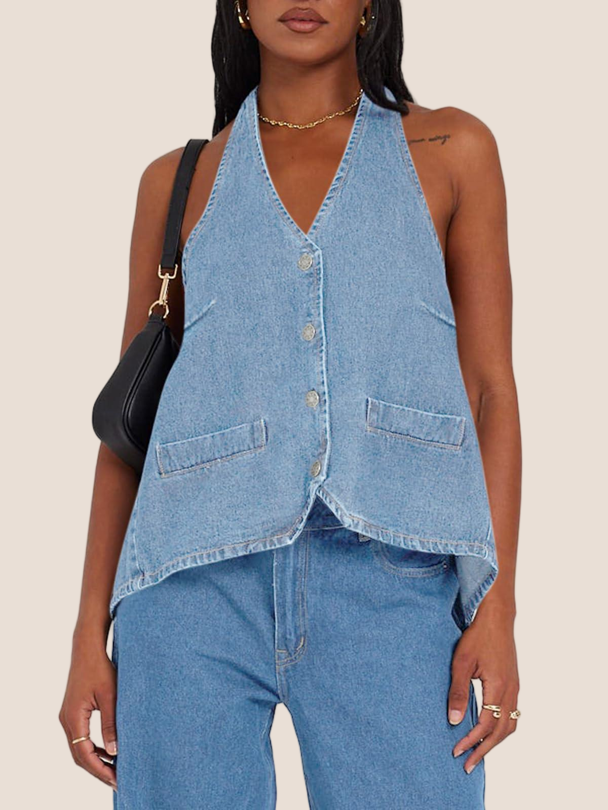 Imily Bela Womens Halter Denim Vest Tops Summer Open Back Y2K Going Out Tank Tops V Neck Button Down Jean Shirts