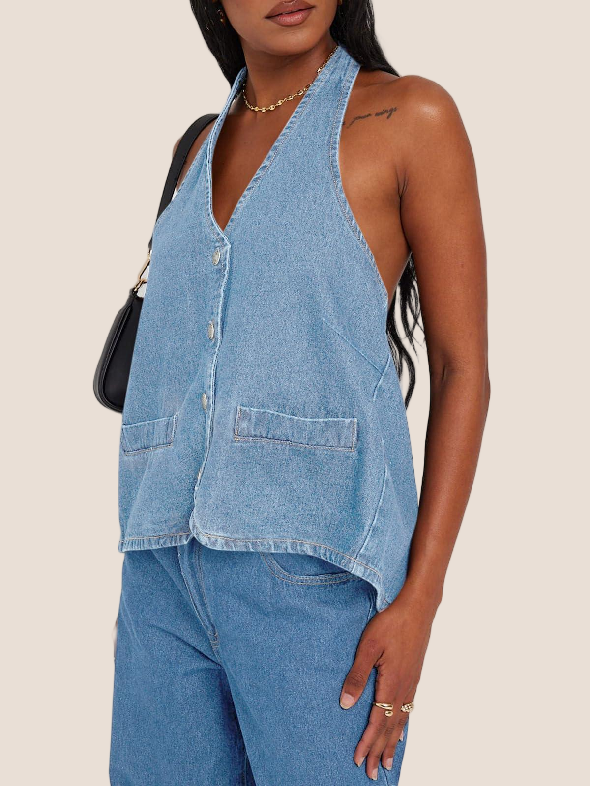 Imily Bela Womens Halter Denim Vest Tops Summer Open Back Y2K Going Out Tank Tops V Neck Button Down Jean Shirts