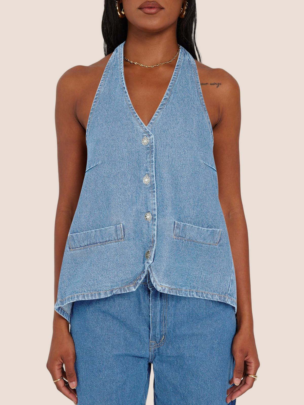 Imily Bela Womens Halter Denim Vest Tops Summer Open Back Y2K Going Out Tank Tops V Neck Button Down Jean Shirts