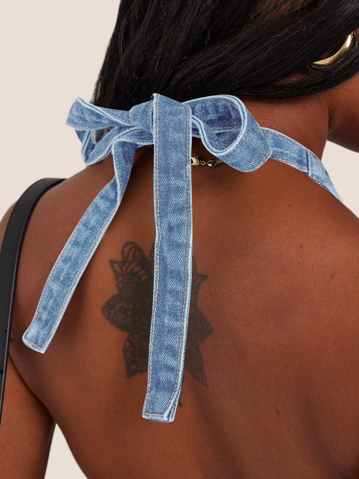 Imily Bela Womens Halter Denim Vest Tops Summer Open Back Y2K Going Out Tank Tops V Neck Button Down Jean Shirts