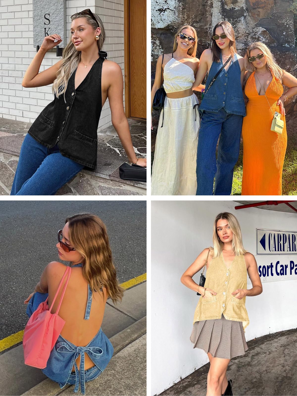 Imily Bela Womens Halter Denim Vest Tops Summer Open Back Y2K Going Out Tank Tops V Neck Button Down Jean Shirts