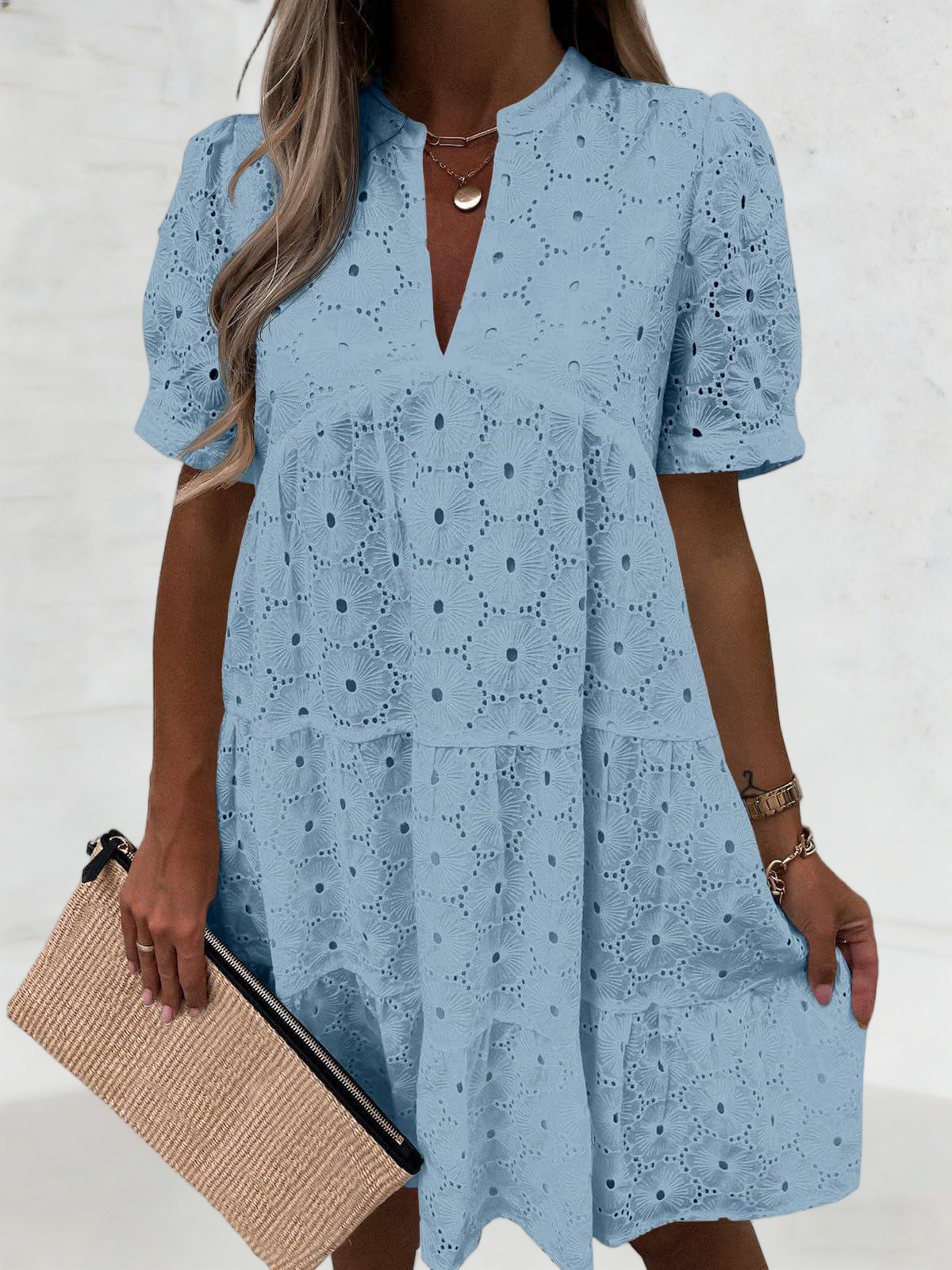 Imily Bela Womens Summer Lace Dresses Eyelet Casual Flowy Babydoll Swing Short Sleeve V Neck Tunic Dress