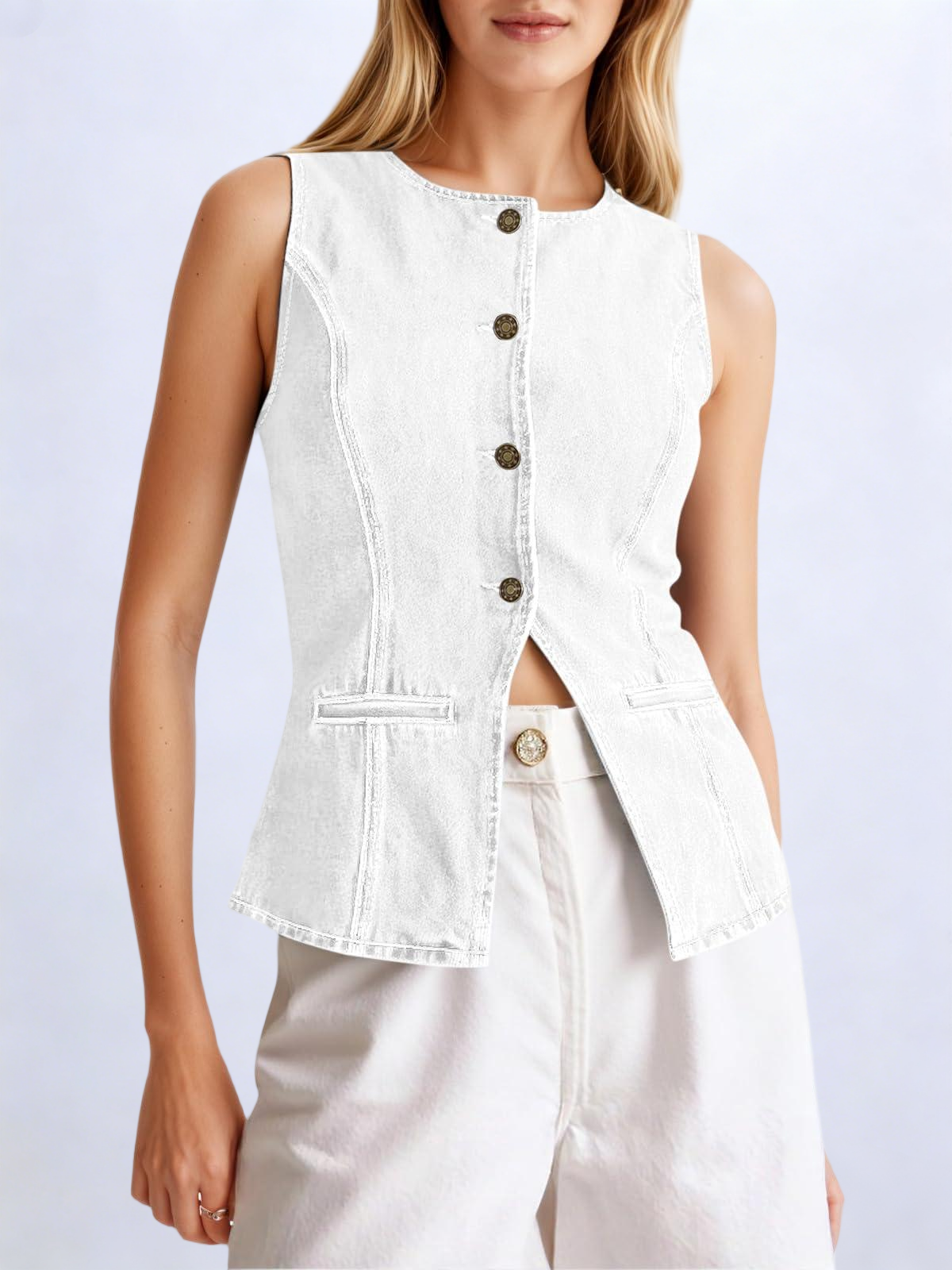 Imily Bela Womens Button Down Denim Vest Trendy Fitted Sleeveless Jean Tank Tops Crew Neck Waistcoat