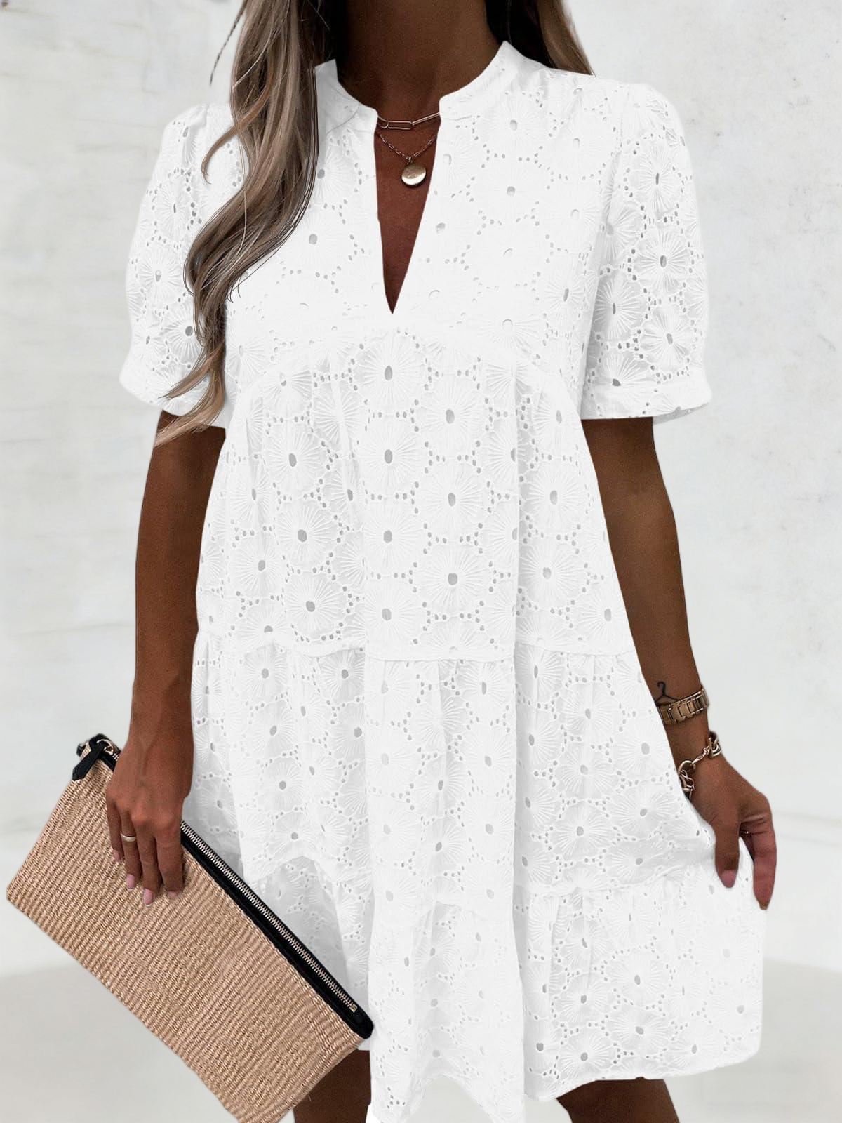 Imily Bela Womens Summer Lace Dresses Eyelet Casual Flowy Babydoll Swing Short Sleeve V Neck Tunic Dress