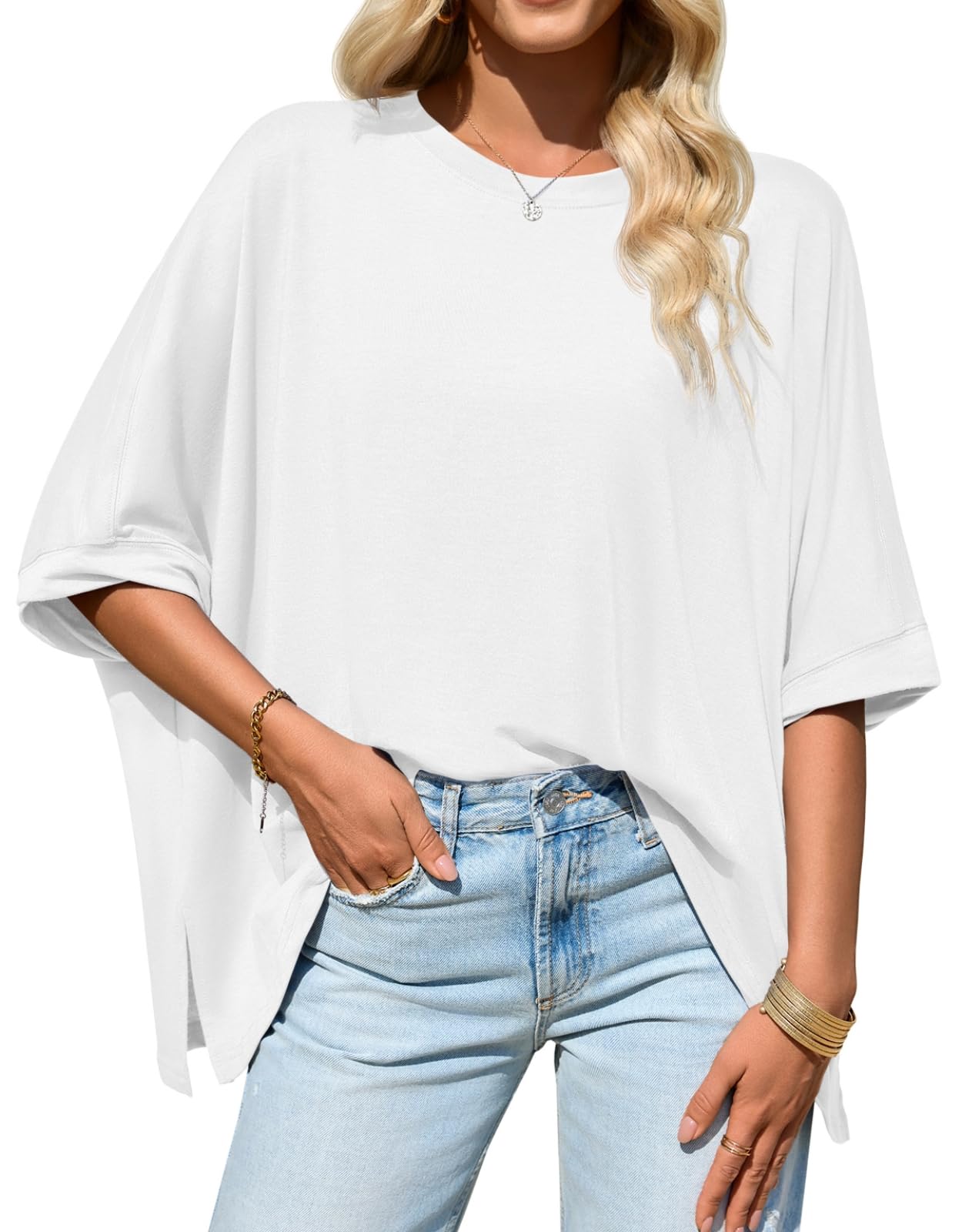 Imily Bela Womens Oversized Tshirts Batwing Short Sleeve Asymmetric Hem Tops Summer Casual Loose Fit Tunic Tee Shirts