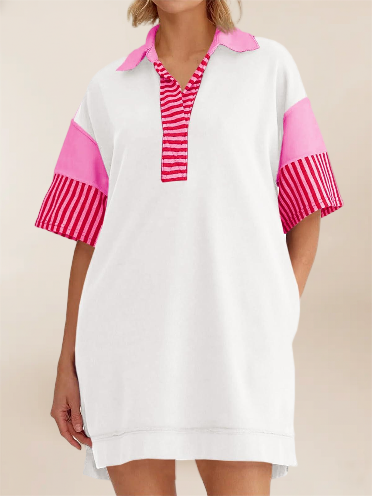 Imily Bela Women'S Polo V Neck T Shirt Dress Casual Summer Oversized Color Block Short Sleeve Sweatshirt Mini Dresses