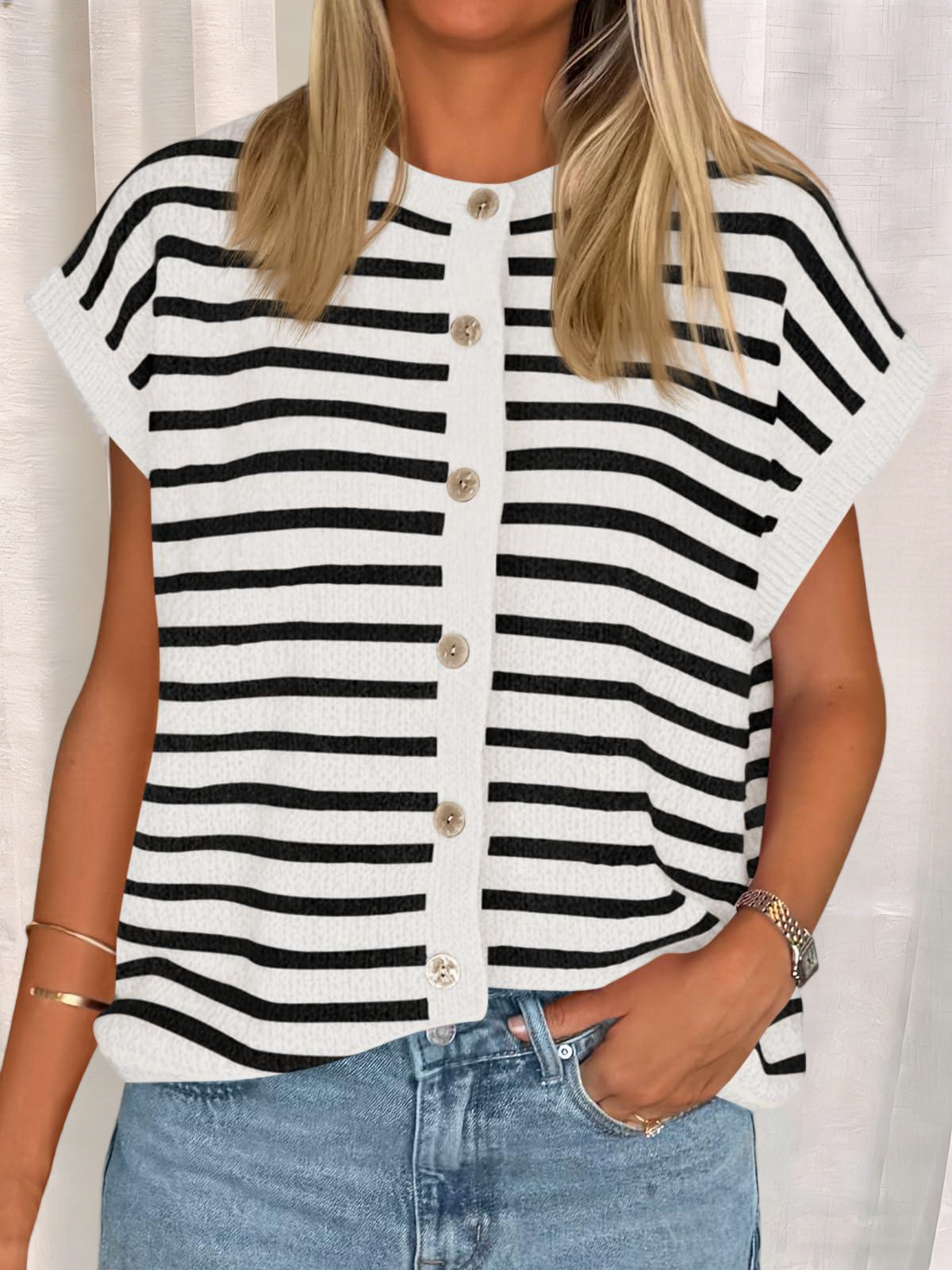 Imily Bela Womens Striped Cap Sleeve Sweater Vest Crew Neck Button Down Cardigan Cute Knit Tops