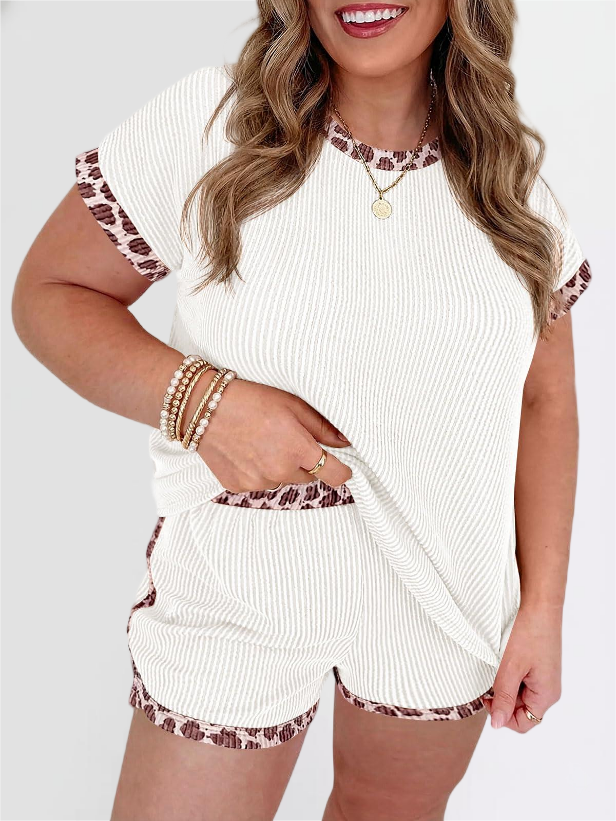 Imily Bela Womens Plus Size 2 Piece Short Sets Leopard Print Ribbed Knit Short Sleeve Top 2026 Summer Casual Lounge Set