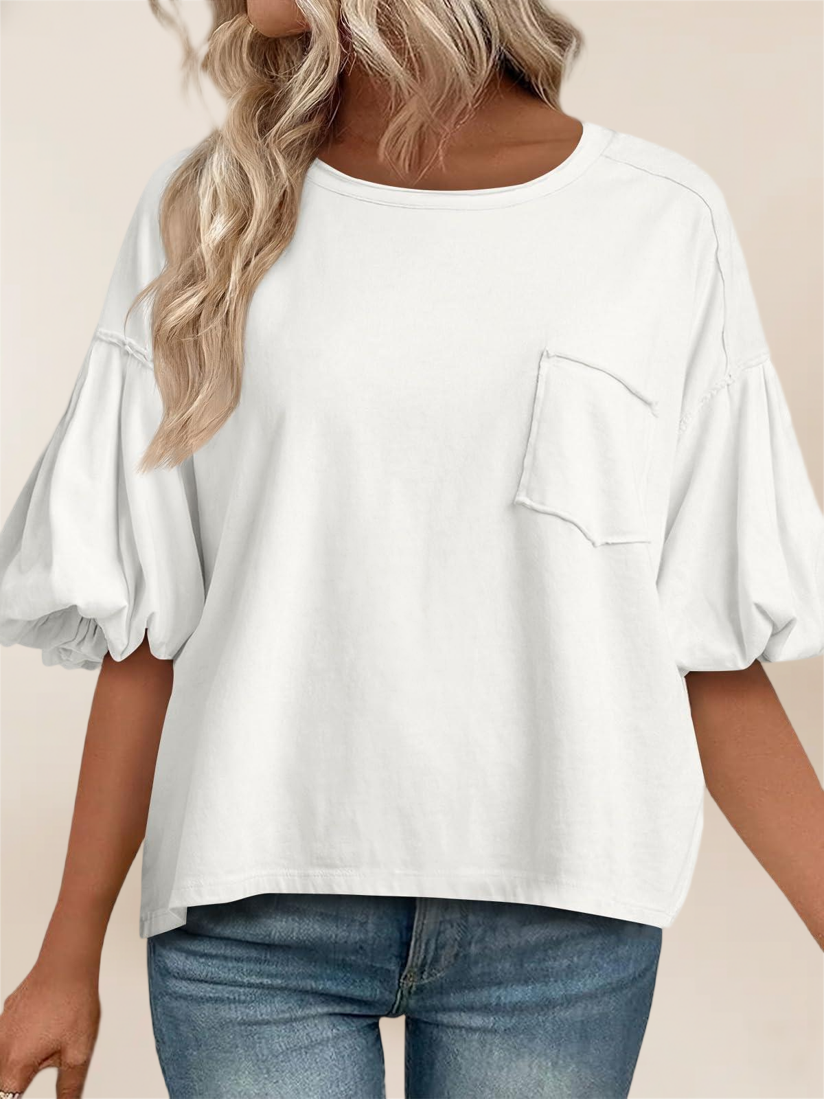 Imily Bela Womens Puff Sleeve Tops Crew Neck Drop Shoulder Pocket T-Shirt Summer Casual Tees Loose Fit Blouse