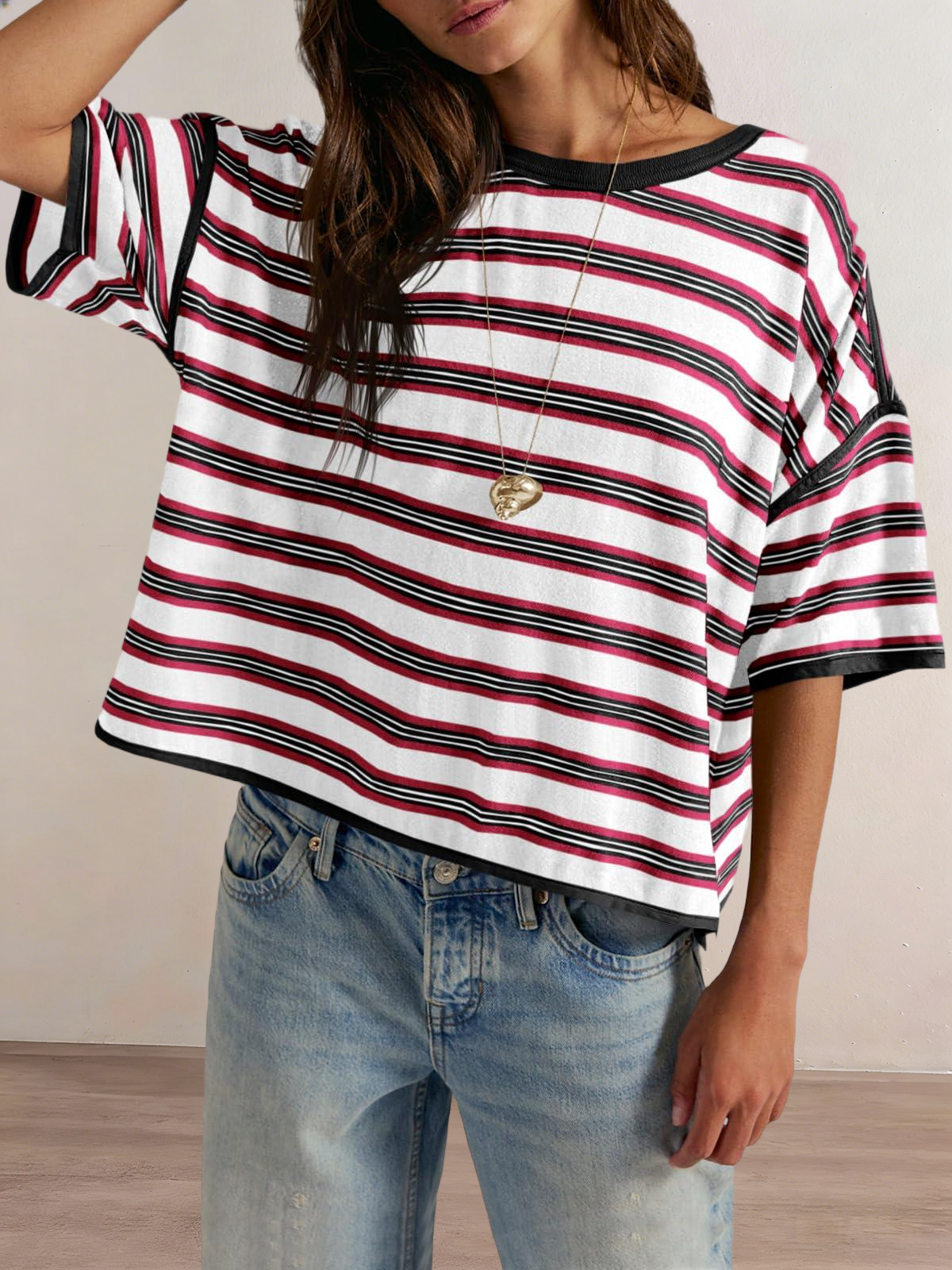 Imily Bela Womens Oversized Striped T-Shirts Summer Casual Color Block Short Sleeve Tops Drop Shoulder Boxy Tees