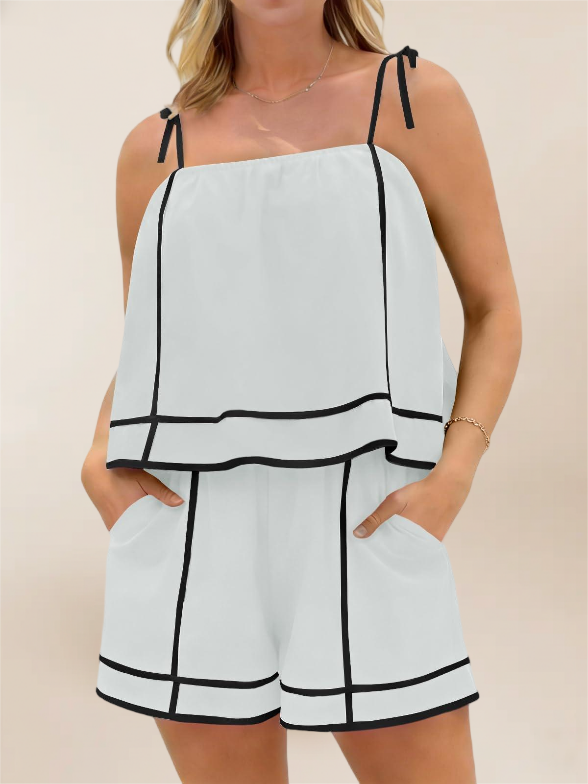 Imily Bela Women 2 Piece Lounge Sets Summer Casual Tie Strap Vacation Top Shorts Set With Pockets