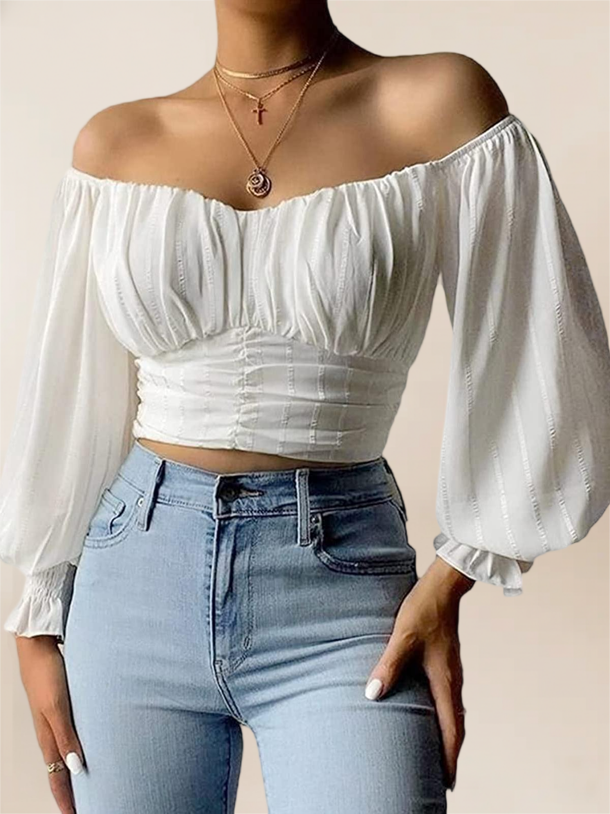 Imily Bela Womens Elegant Off The Shoulder Puff Sleeve Blouse Summer Chiffon Slim Fit Party Crop Top