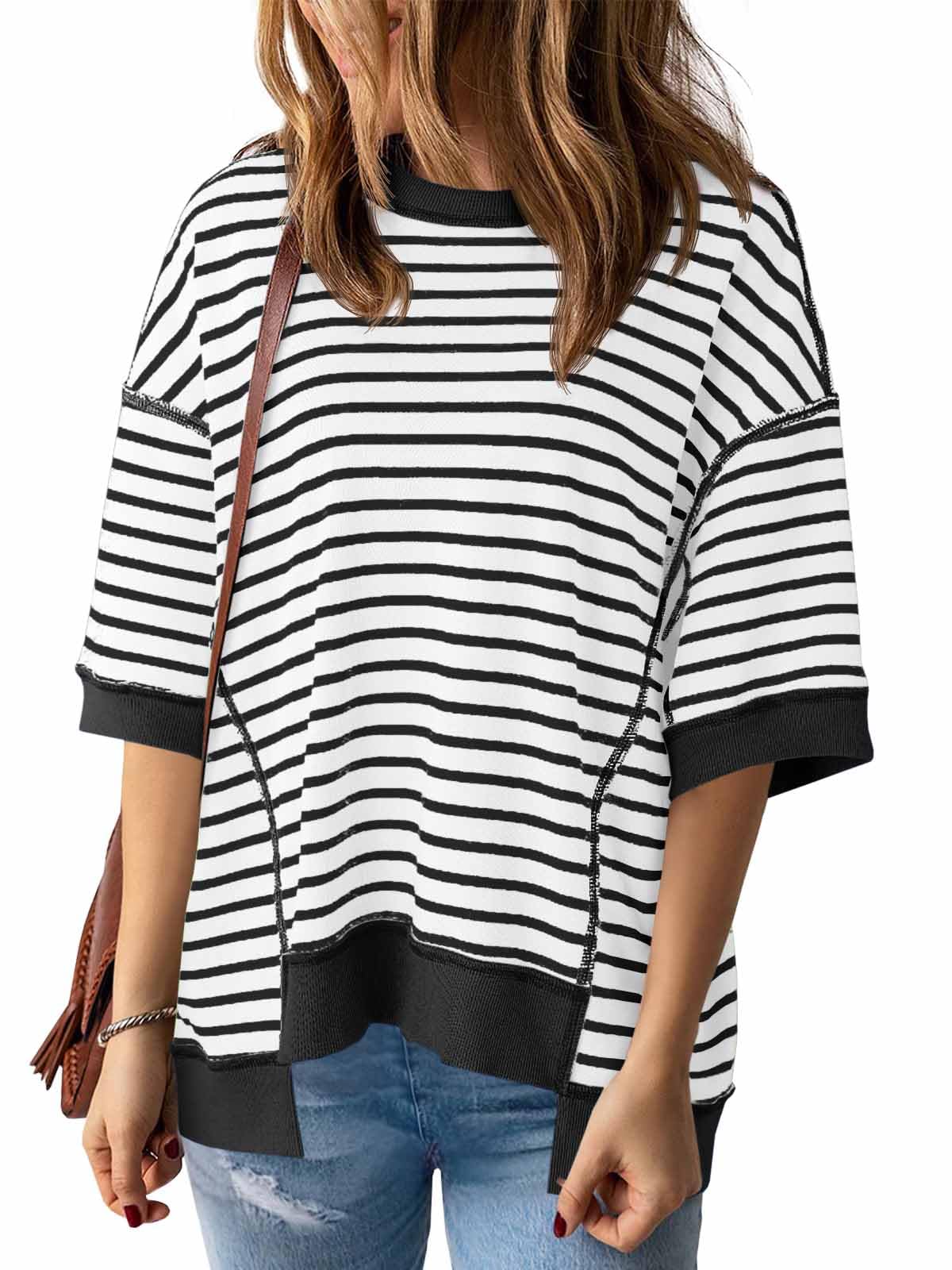 Imily Bela Womens Oversized T Shirts Striped Color Block Cotton Tops Summer Casual Half Sleeve Loose Fit Crewneck Sweatshirts