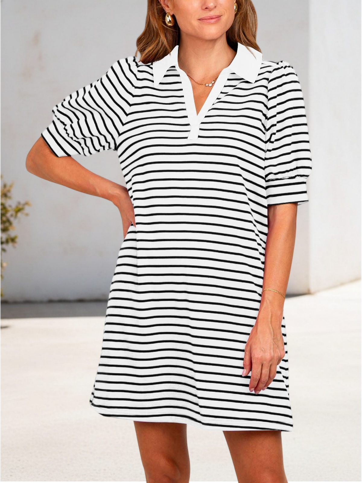 Imily Bela Women's Summer Lapel Collared V Neck Striped Dress Casual Puff Short Sleeve Polo Tshirt Dresses with Pockets