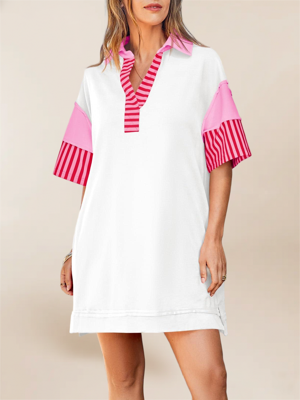 Imily Bela Women'S Polo V Neck T Shirt Dress Casual Summer Oversized Color Block Short Sleeve Sweatshirt Mini Dresses