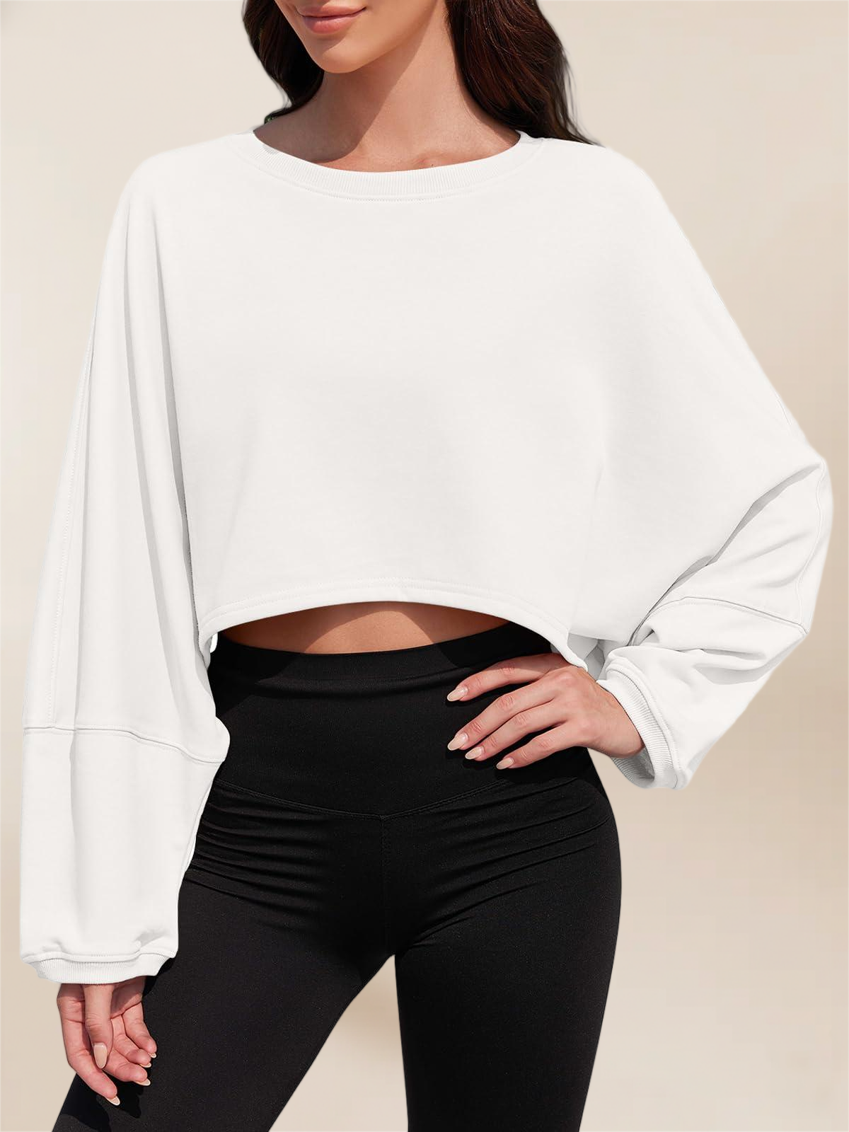 Imily Bela Womens Long Ballon Sleeve Sweatshirts Tops Cropped Crew Neck Loose Fit Casual Workout Shirts