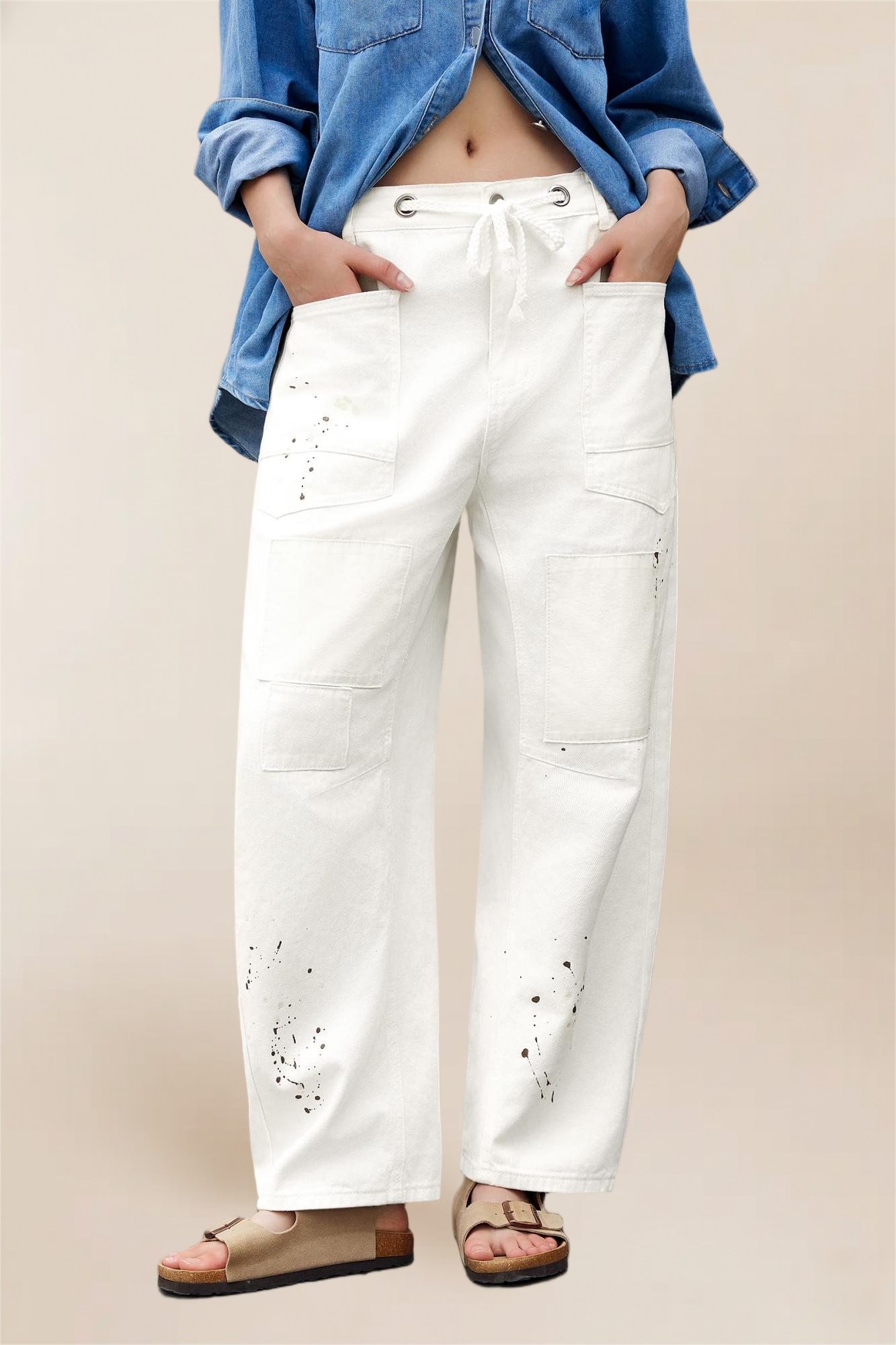 Imily Bela Womens Baggy Barrel Horseshoe Jeans Wide Leg Patchwork Low Rise Denim Pants with Pockets