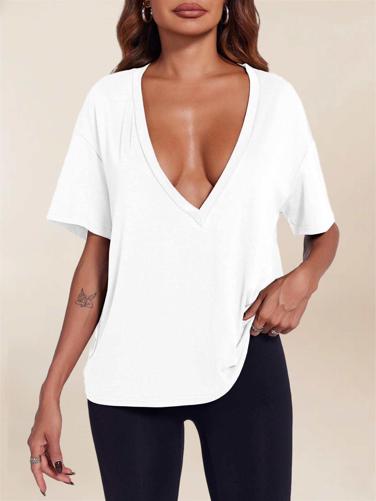 Imily Bela Womens Sexy Deep V Neck T-Shirts Summer Short Sleeve Tops Casual Loose Fit Basic Tees