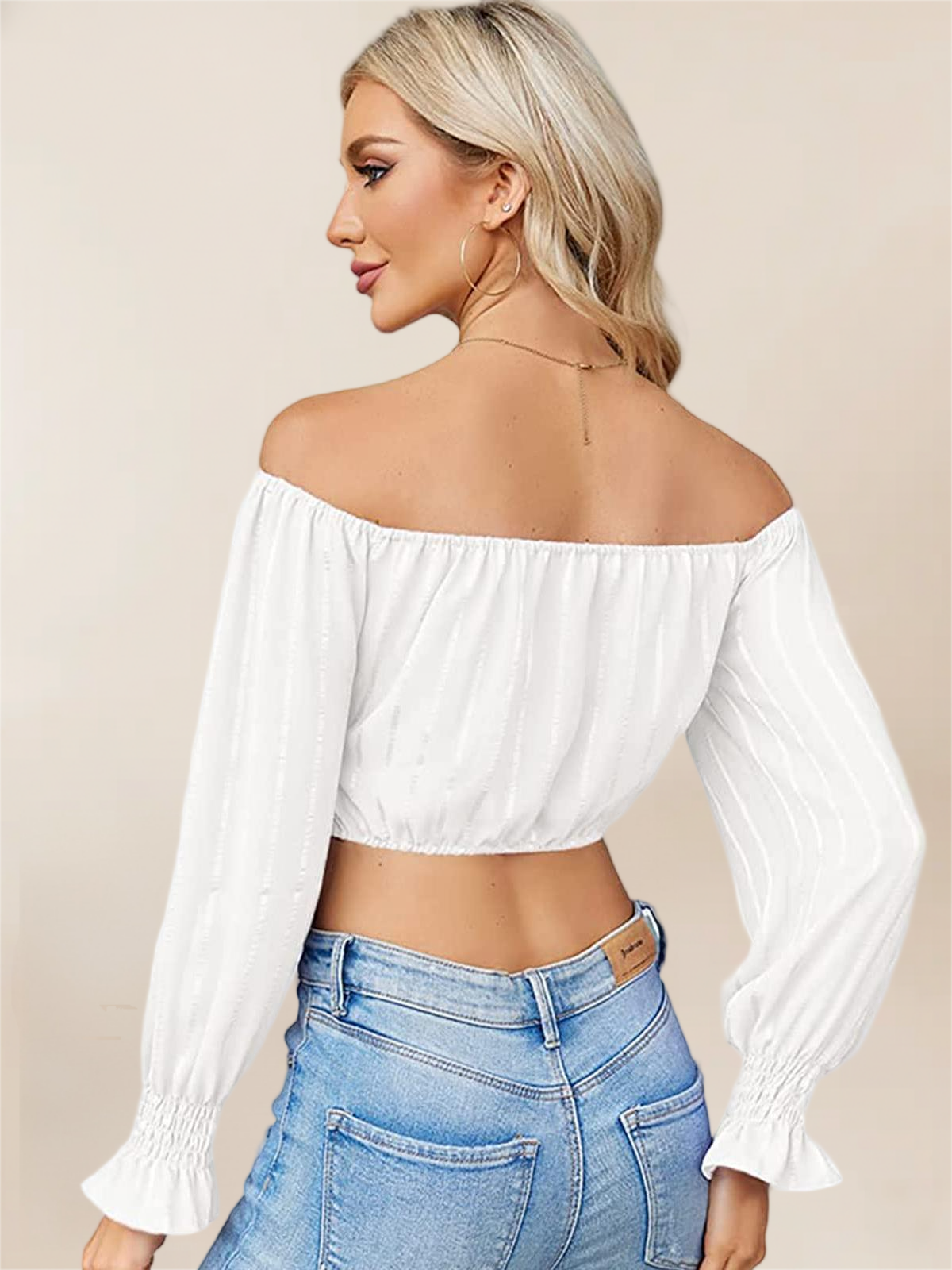 Imily Bela Womens Elegant Off The Shoulder Puff Sleeve Blouse Summer Chiffon Slim Fit Party Crop Top