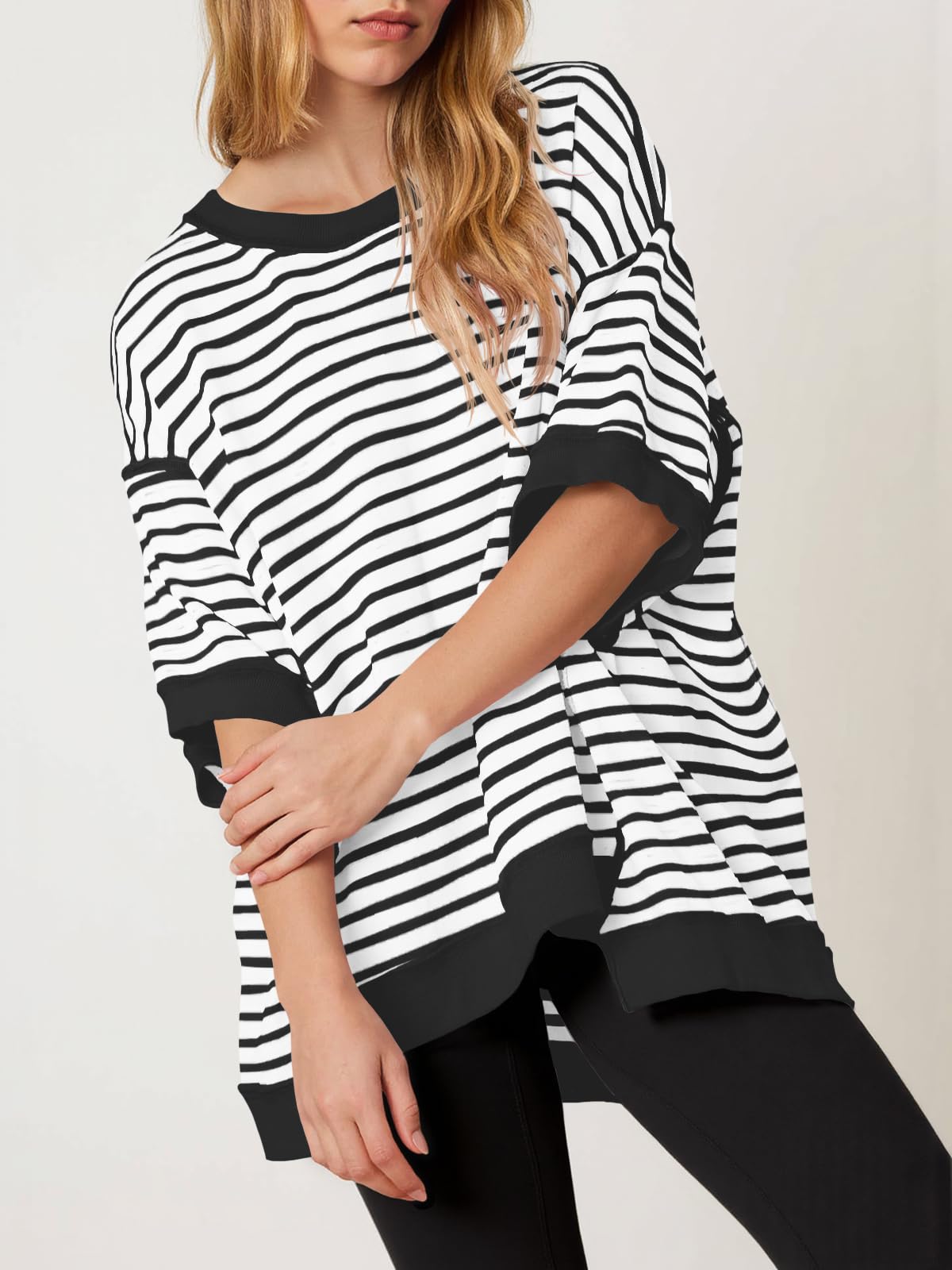 Imily Bela Womens Oversized T Shirts Striped Color Block Cotton Tops Summer Casual Half Sleeve Loose Fit Crewneck Sweatshirts