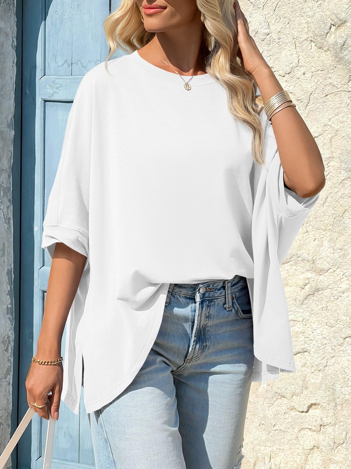 Imily Bela Womens Oversized Tshirts Batwing Short Sleeve Asymmetric Hem Tops Summer Casual Loose Fit Tunic Tee Shirts