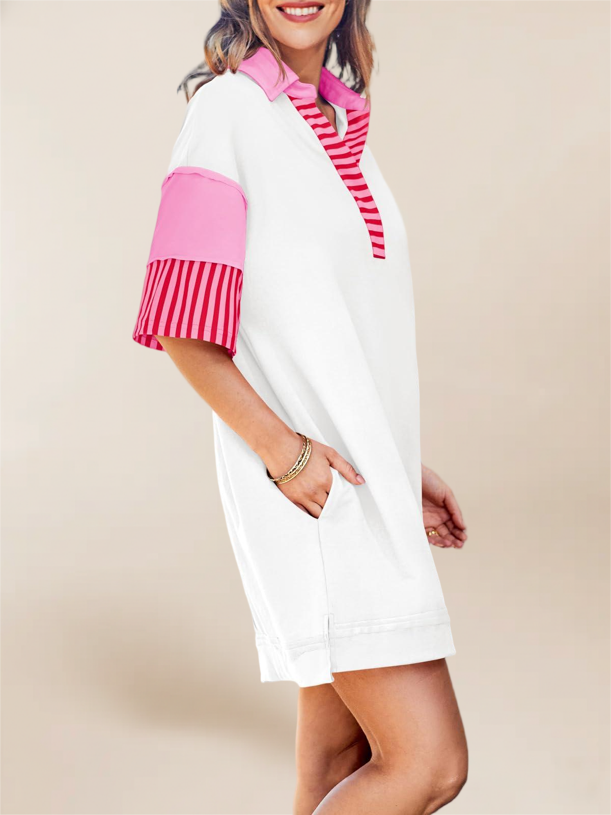 Imily Bela Women'S Polo V Neck T Shirt Dress Casual Summer Oversized Color Block Short Sleeve Sweatshirt Mini Dresses