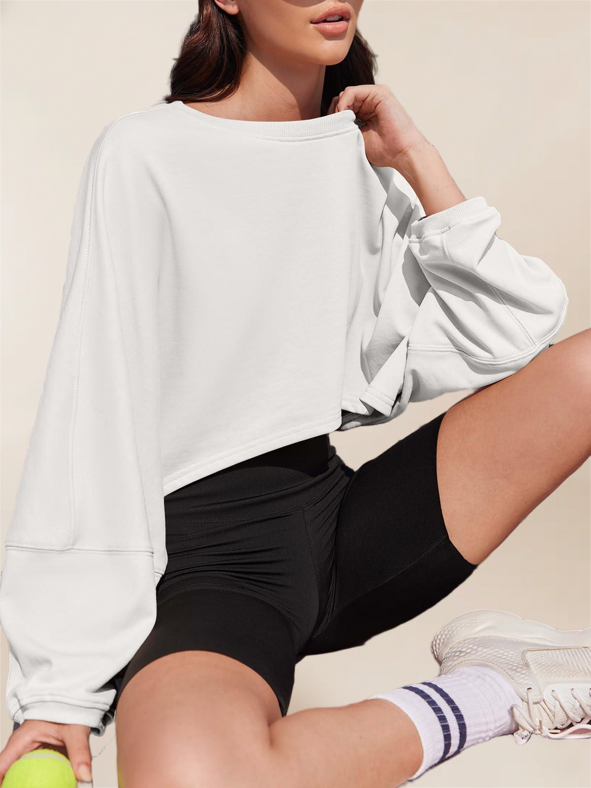 Imily Bela Womens Long Ballon Sleeve Sweatshirts Tops Cropped Crew Neck Loose Fit Casual Workout Shirts