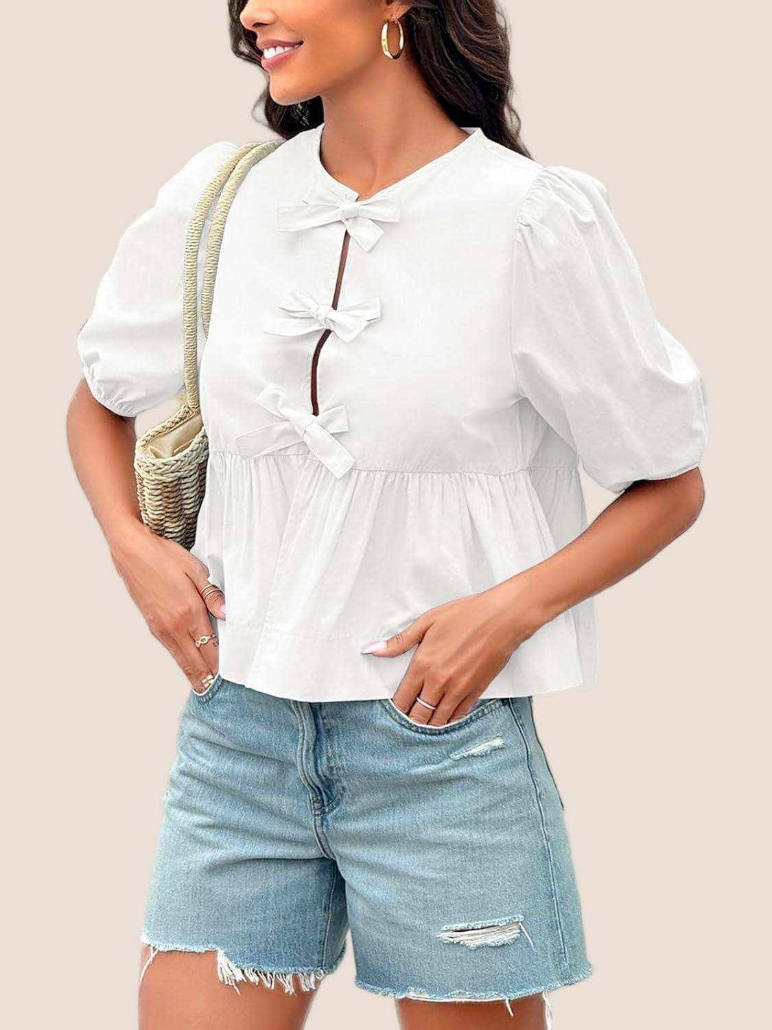 Imily Bela Womens Tie Front Tops Summer Peplum Babydoll Puff Short Sleeve Blouse Cute Cotton Shirts