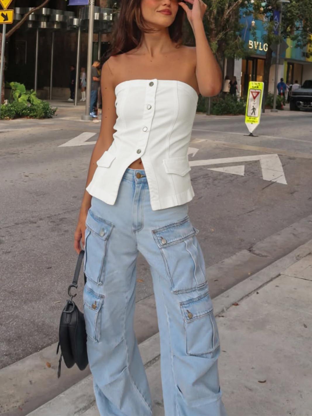 Imily Bela Womens Strapless Denim Vest Summer Button Down Jean Tube Tops Y2k Going Out Fitted Bandeau Shirts Waistcoat