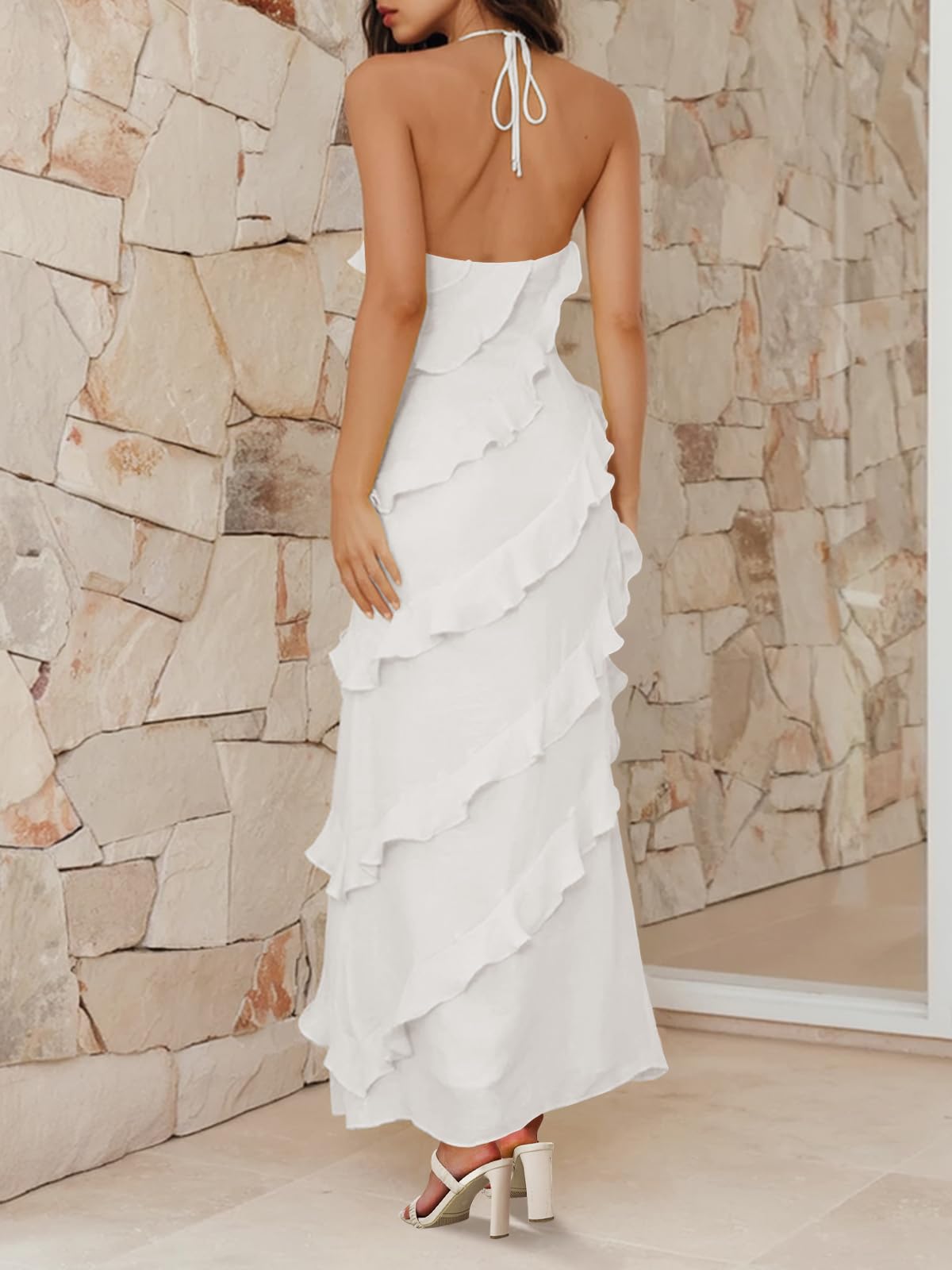 Imiy Bela Womens Sexy Chiffon Halter Maxi Dress Sleeveless Backless Ruffle Tassel Party Club Dresses