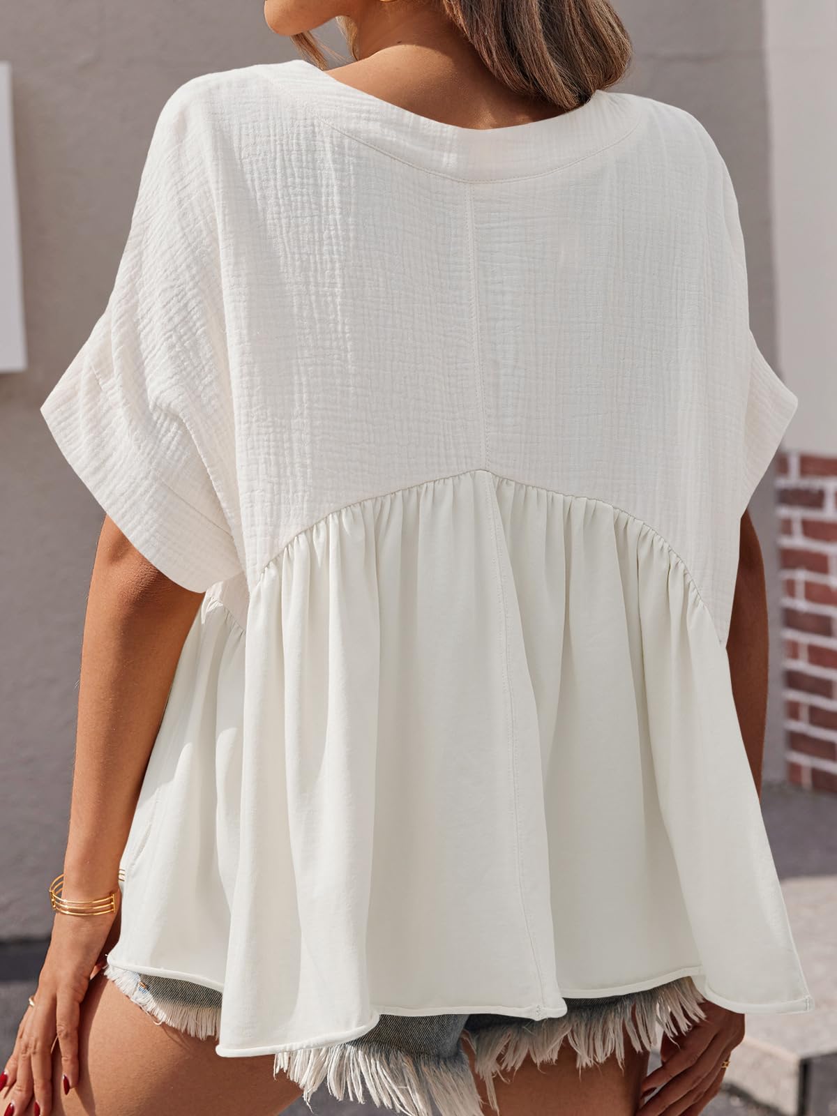 Imily Bela Womens Summer Babydoll Tops V Neck Short Sleeve Pleated Flowy Shirts Casual Loose Fit Peplum Blouse