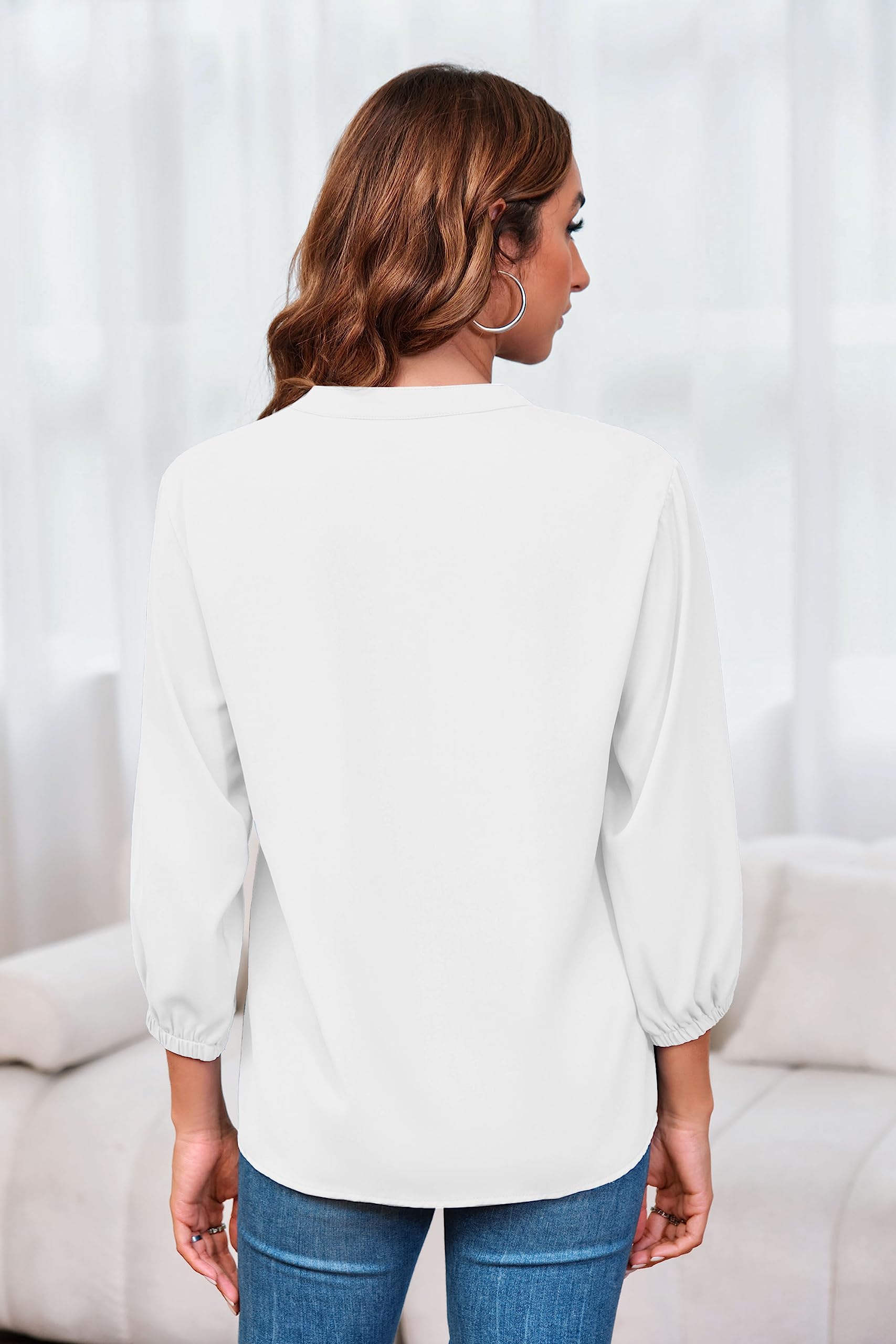 Imily Bela Womens V-Neck Lantern Sleeve Blouse Zipper Design Loose Casual Top Shirts