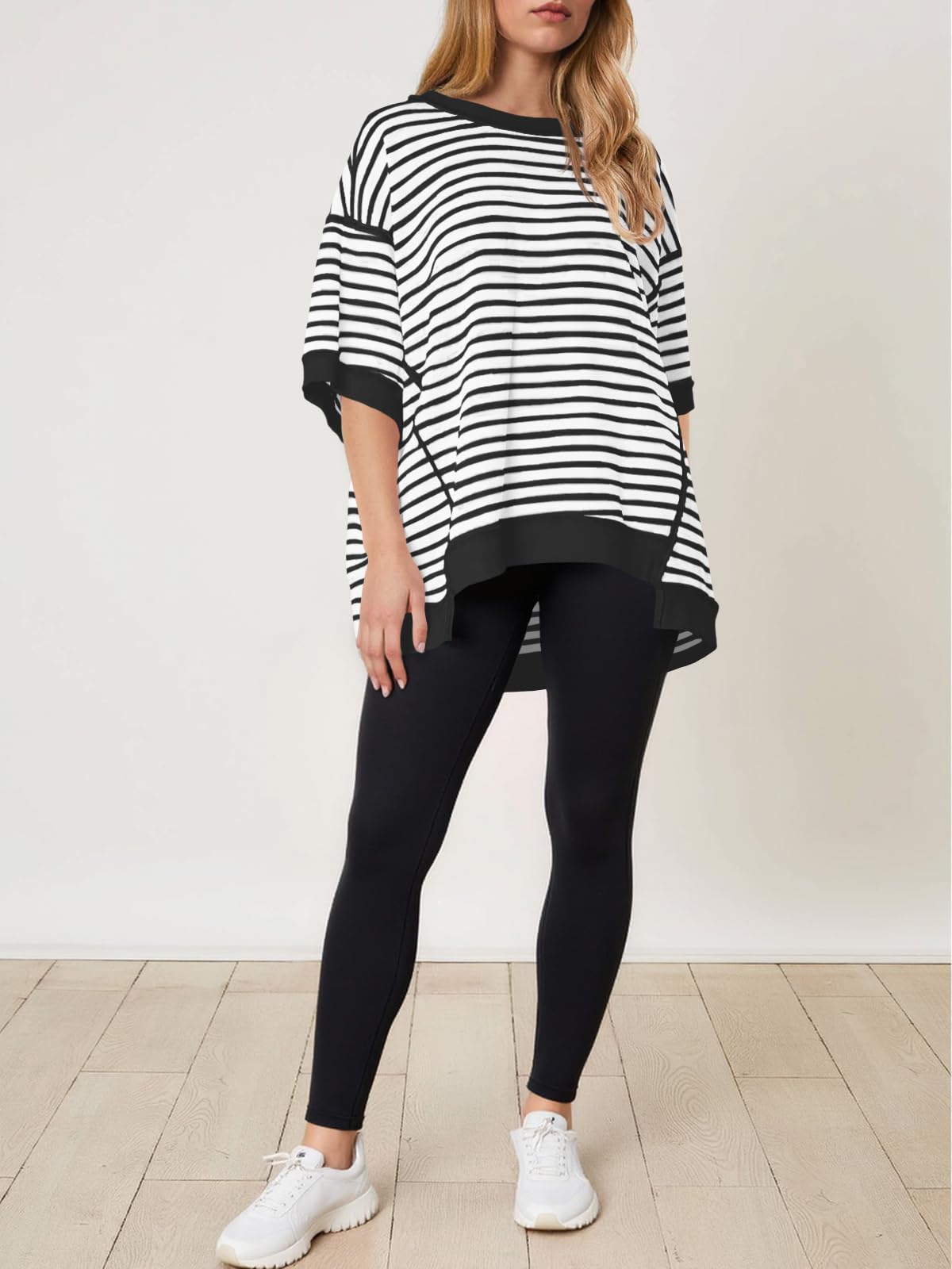 Imily Bela Womens Oversized T Shirts Striped Color Block Cotton Tops Summer Casual Half Sleeve Loose Fit Crewneck Sweatshirts