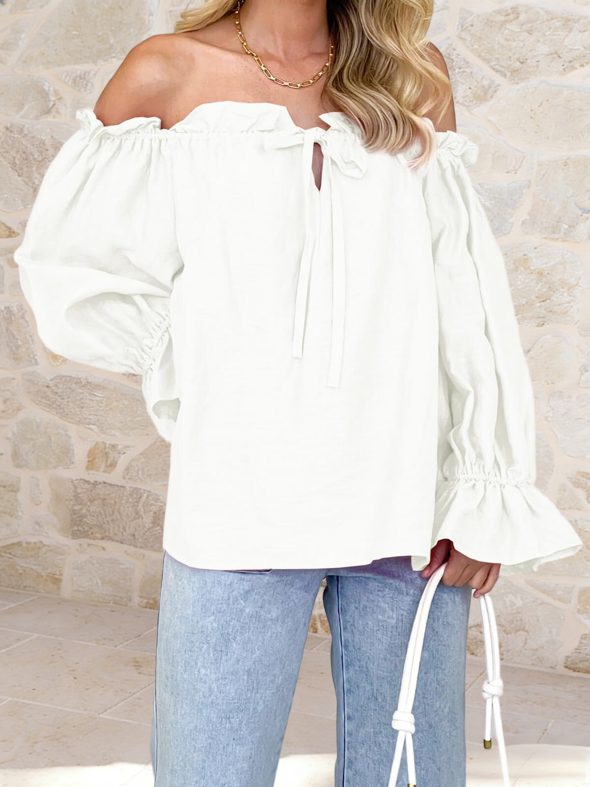 Imily Bela Womens Off The Shoulder Tops Puff Long Sleeve Tie Front Loose Fit Ruffle Shirts Blouses