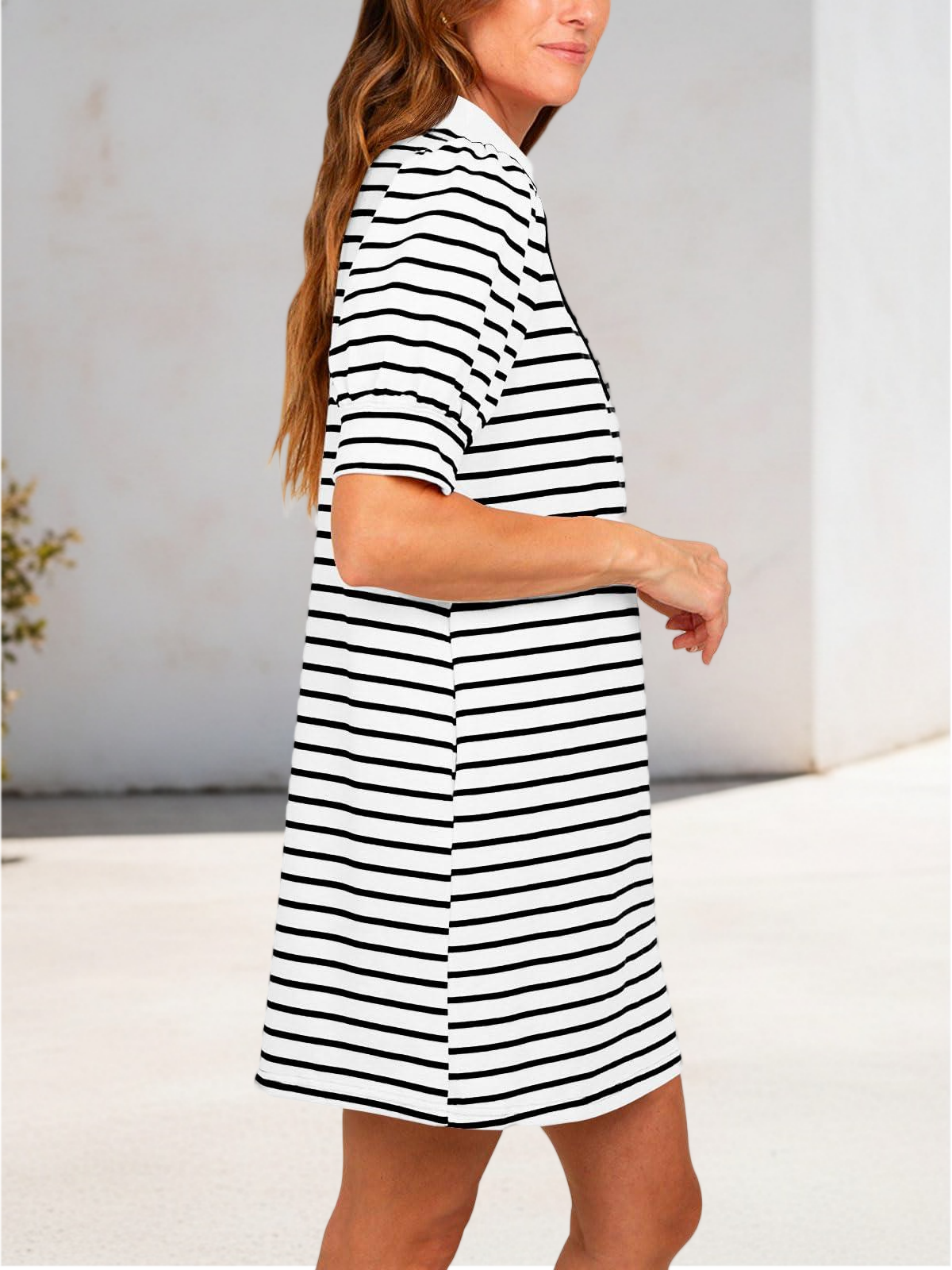 Imily Bela Women's Summer Lapel Collared V Neck Striped Dress Casual Puff Short Sleeve Polo Tshirt Dresses with Pockets