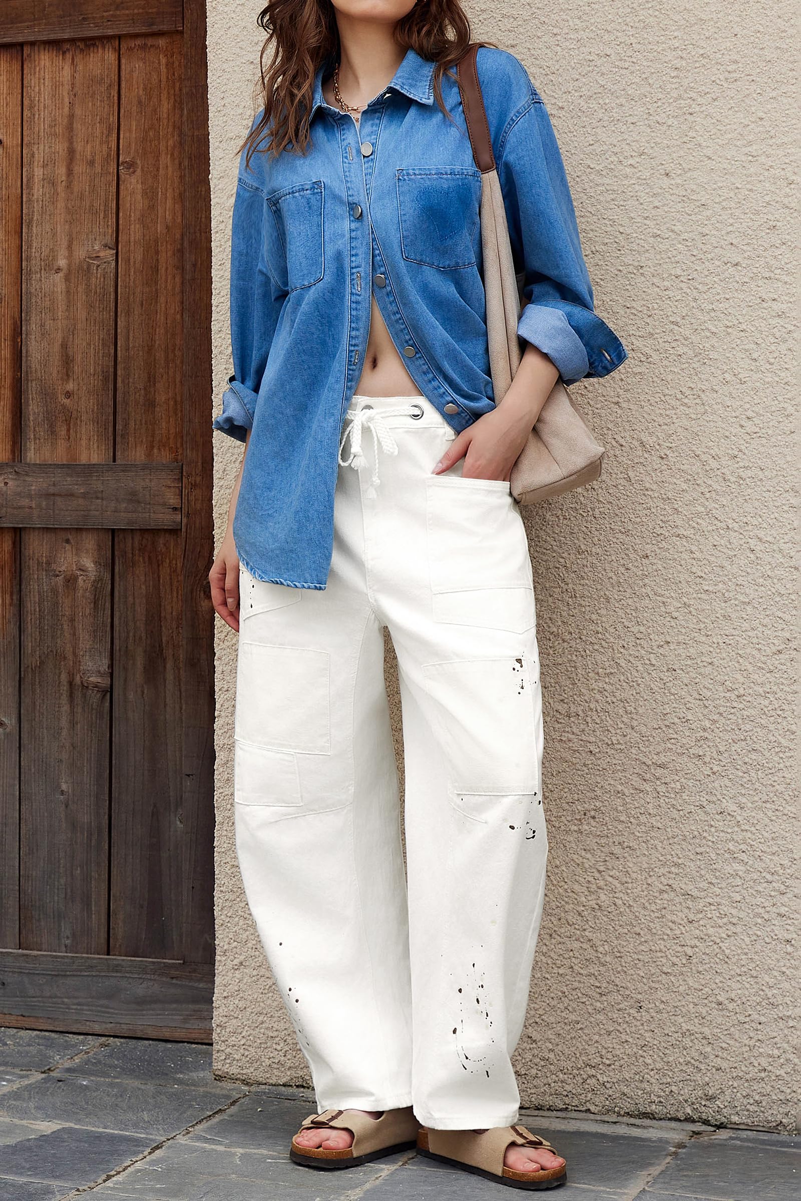 Imily Bela Womens Baggy Barrel Horseshoe Jeans Wide Leg Patchwork Low Rise Denim Pants with Pockets