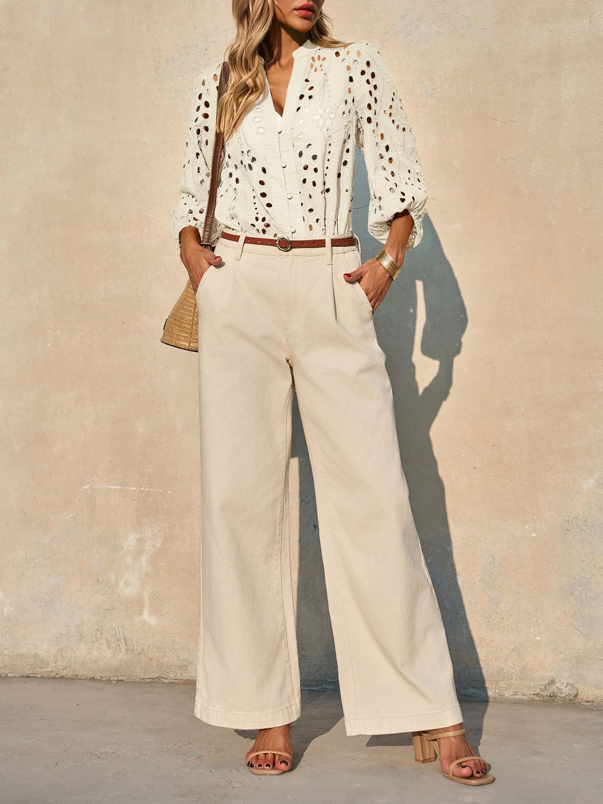 Imily Bela Womens Deep V Neck Eyelet Blouses 3/4 Balloon Sleeve Button Down Hollow Out Fall Shirts