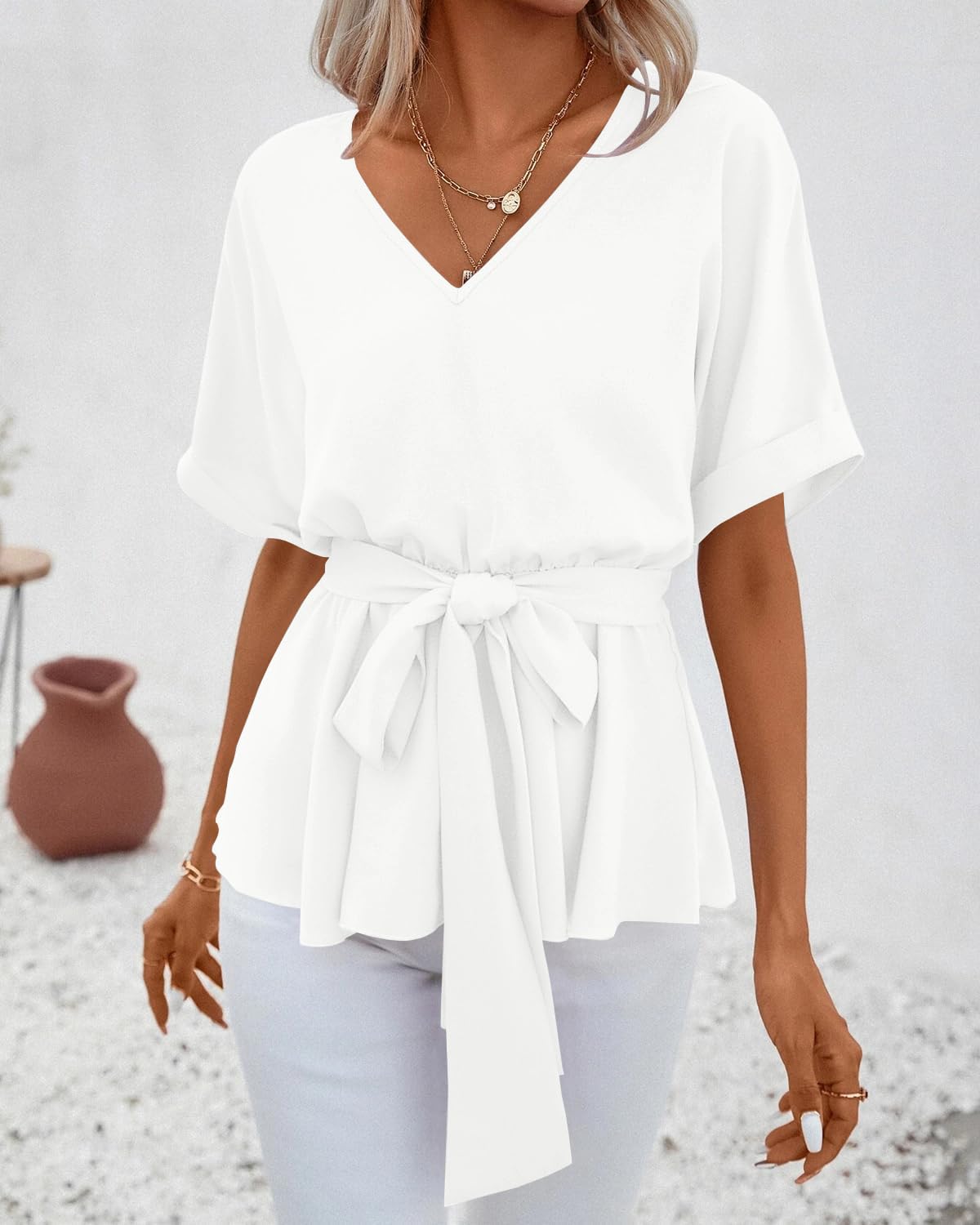 Imily Bela Womens V Neck Blouse Short Sleeve Belted Casual T-Shirts Basic Tee Tops