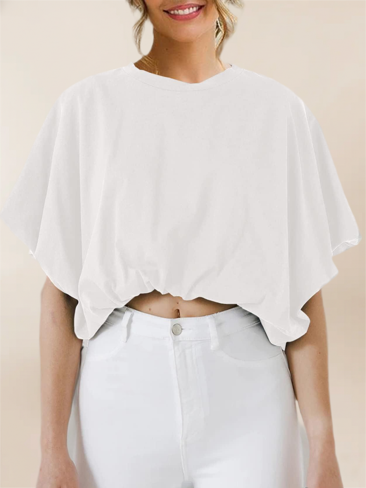 Imily Bela Womens Summer Crewneck Crop Tops Short Sleeve Casual Loose Cropped T Shirts