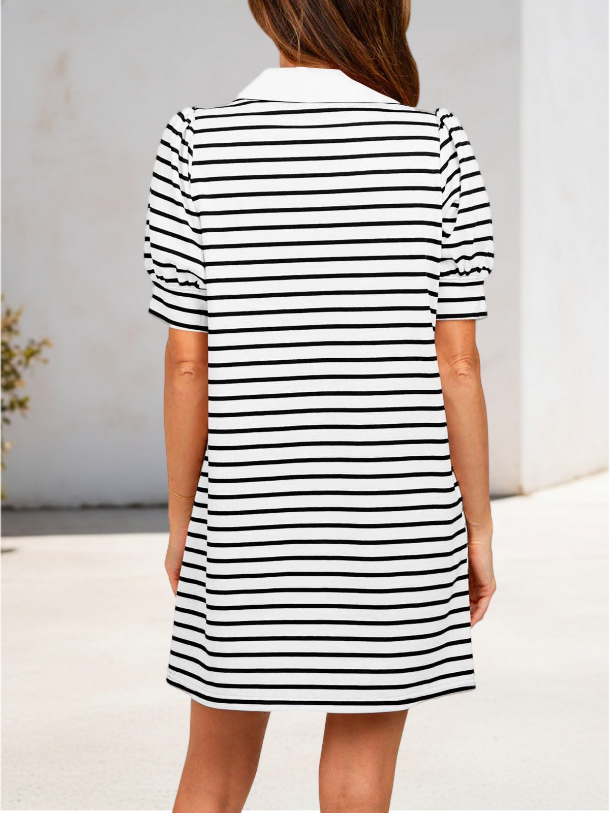 Imily Bela Women's Summer Lapel Collared V Neck Striped Dress Casual Puff Short Sleeve Polo Tshirt Dresses with Pockets