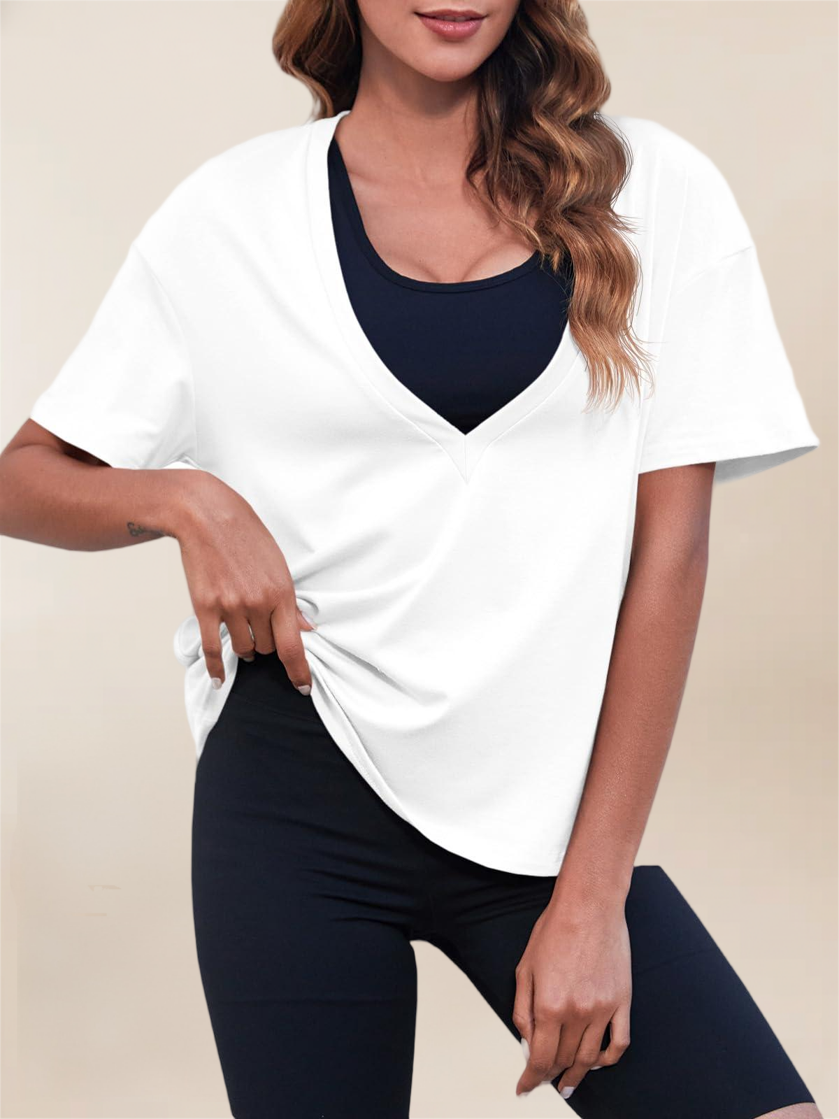 Imily Bela Womens Sexy Deep V Neck T-Shirts Summer Short Sleeve Tops Casual Loose Fit Basic Tees