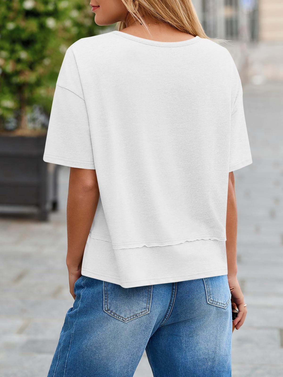 Imily Bela Womens Summer V Neck T Shirts Casual Short Sleeve Flowy Tops Cute Loose Fit Basic Tees