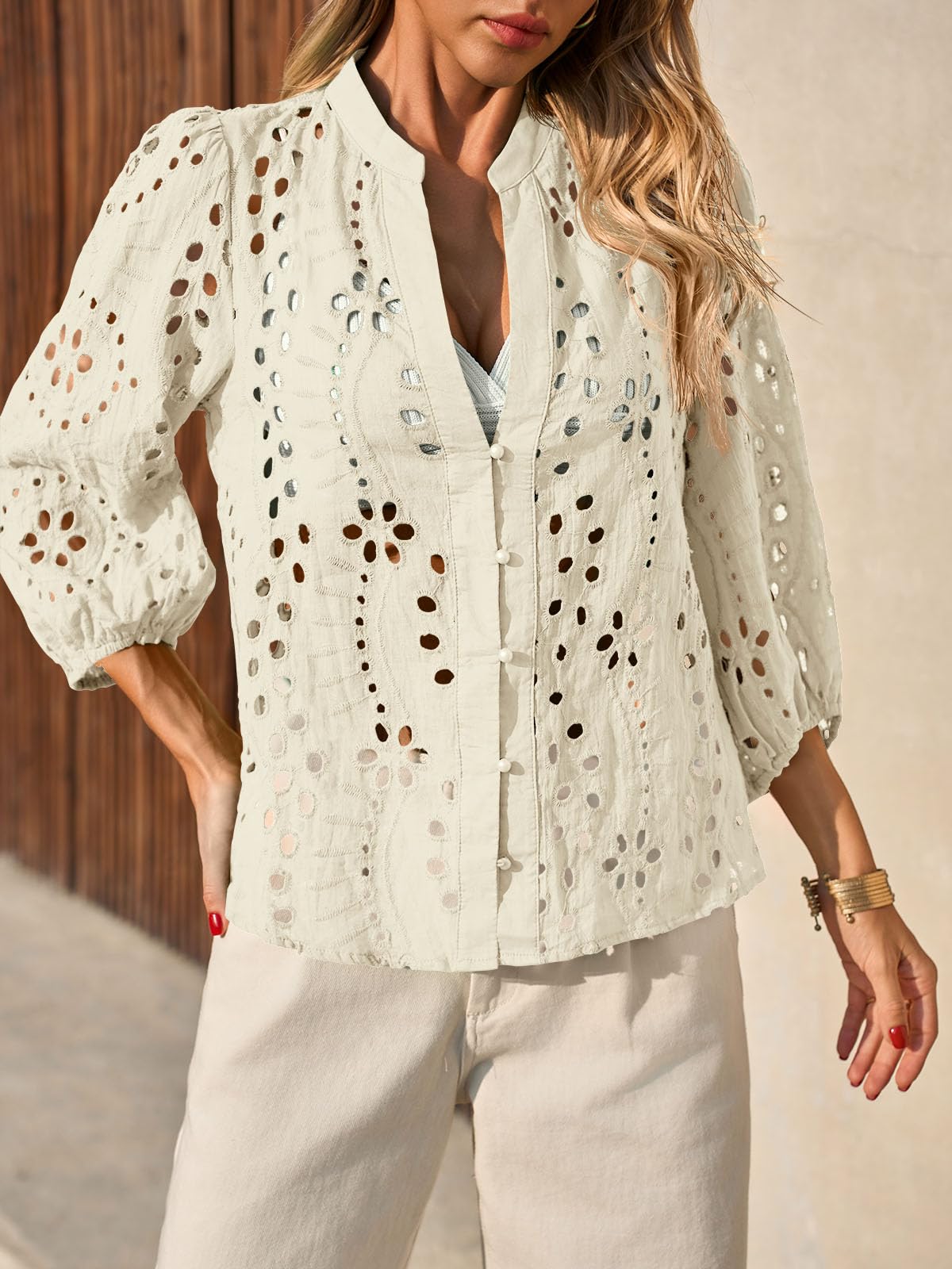 Imily Bela Womens Deep V Neck Eyelet Blouses 3/4 Balloon Sleeve Button Down Hollow Out Fall Shirts